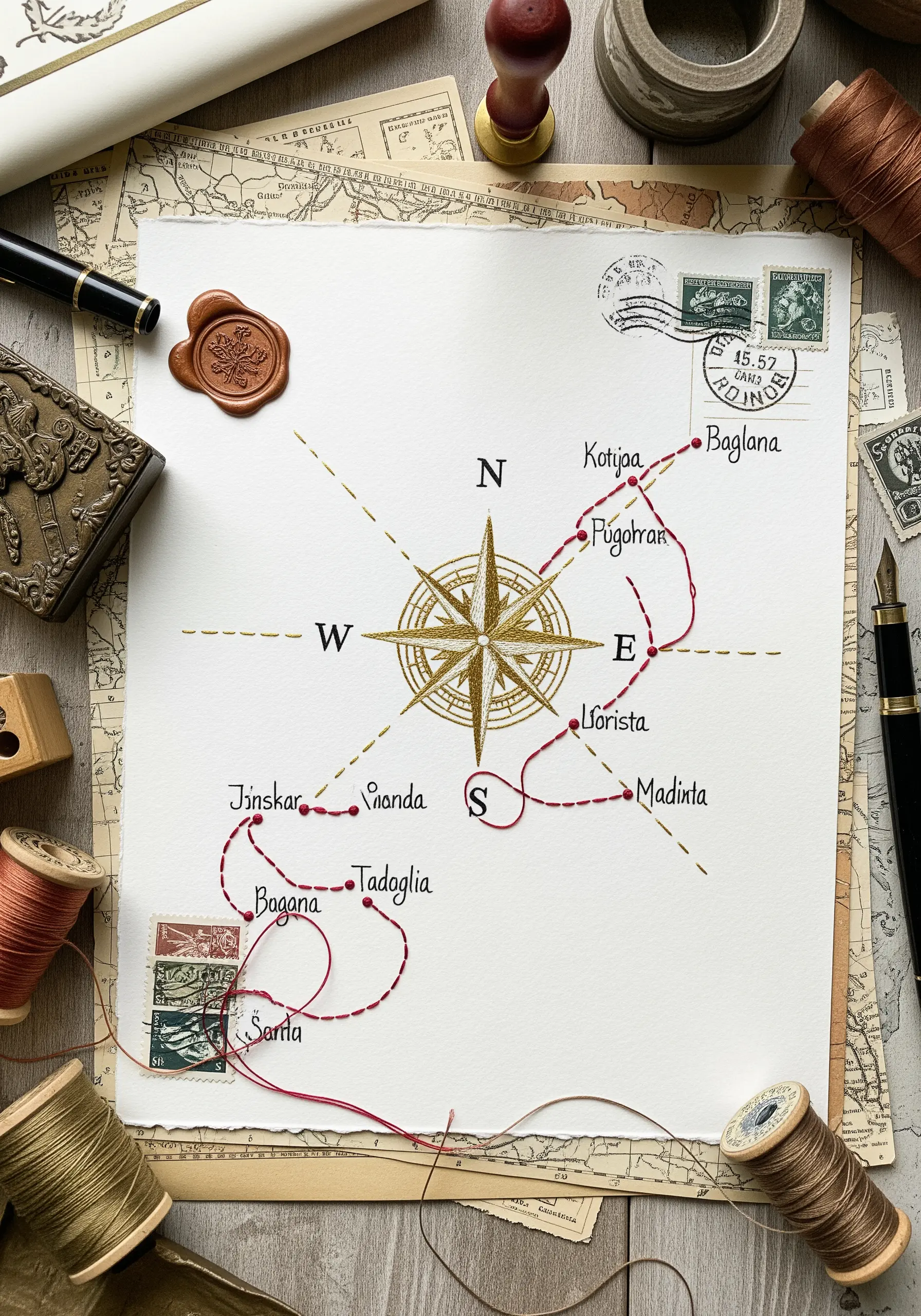 A vintage-style map with a route stitched in red thread and a compass rose stitched in gold.