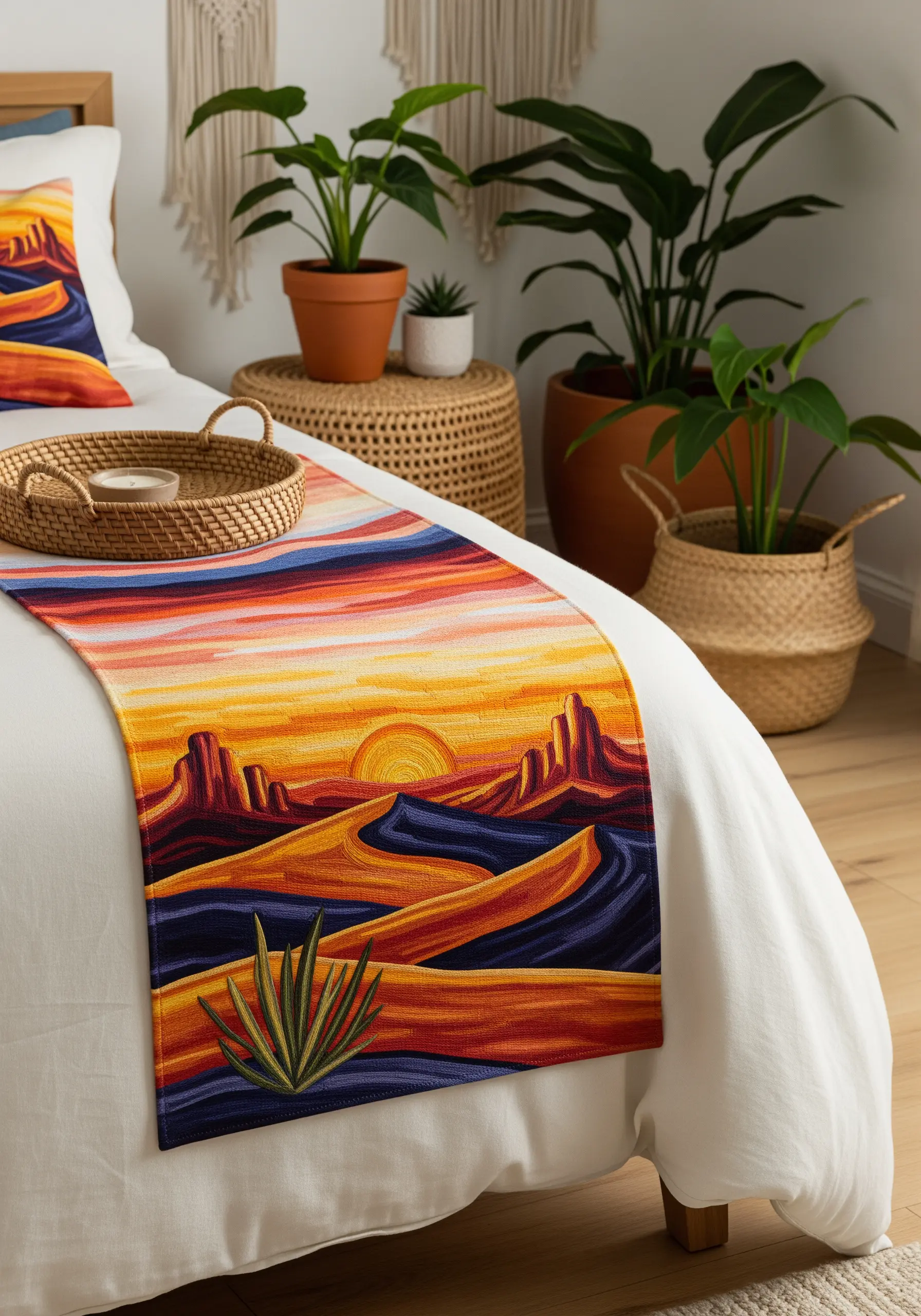 Embroidered bed runner depicting a colorful sunset over a desert landscape.