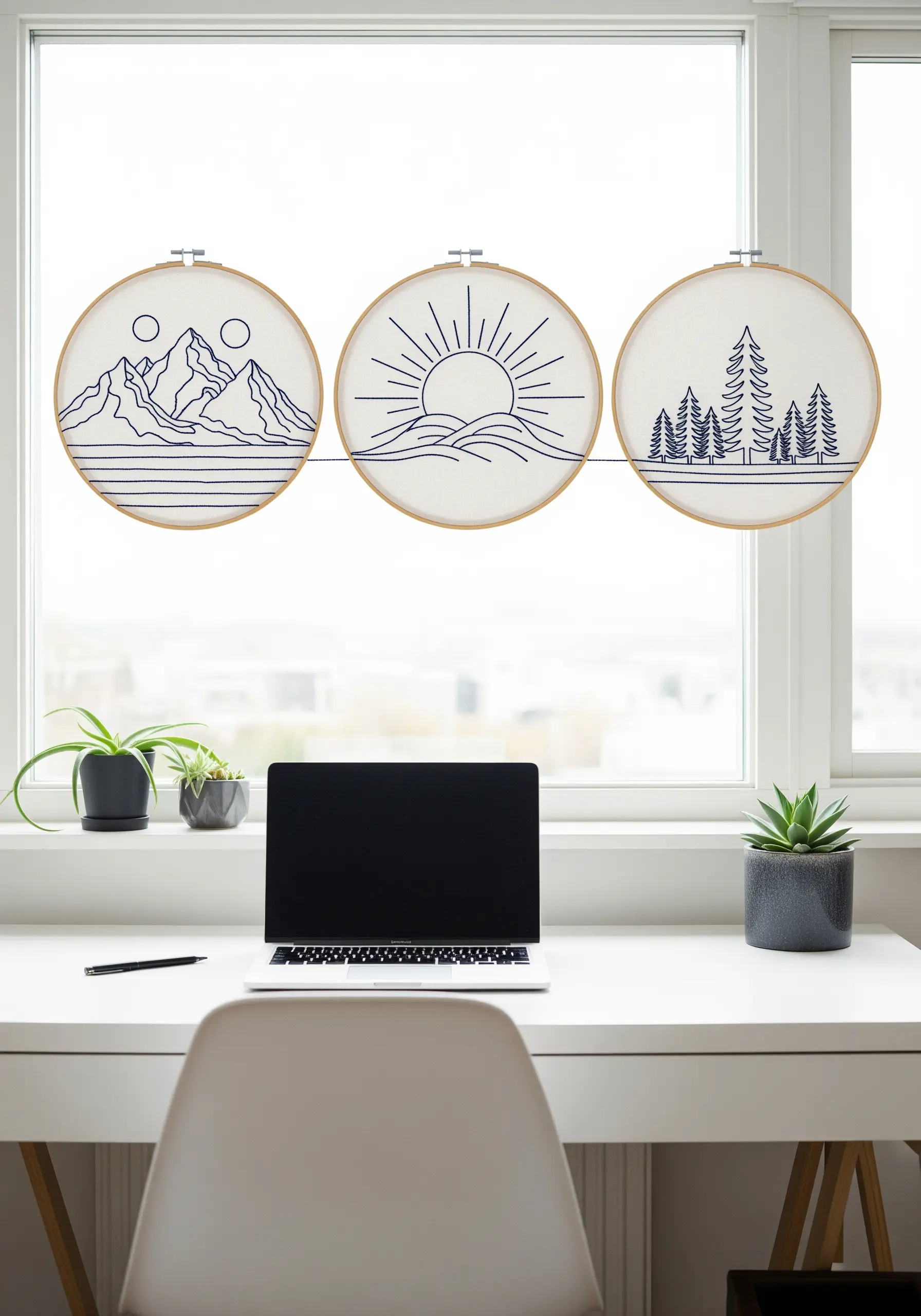 A triptych of embroidery hoops showing a mountain range, a sunrise over water, and a pine forest.