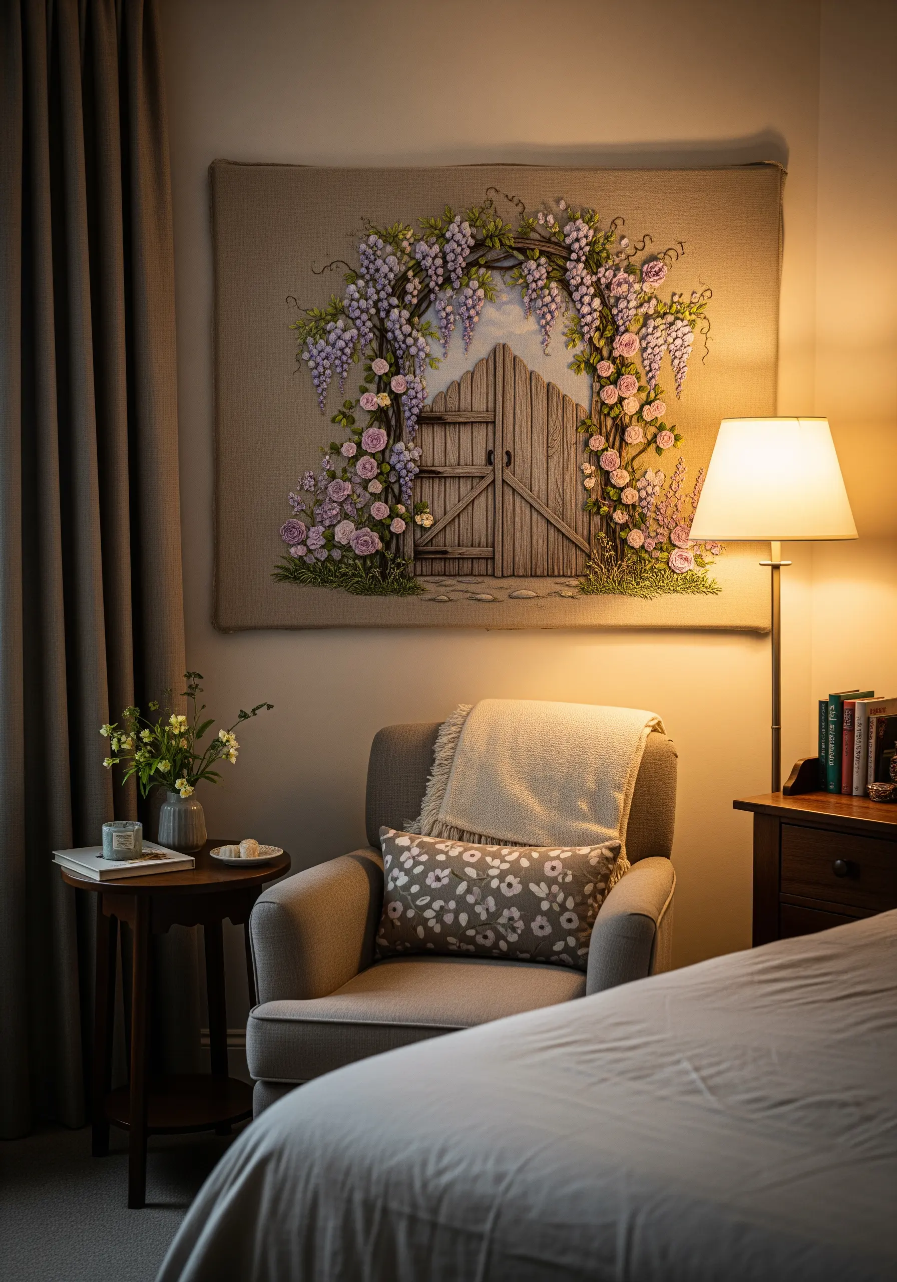 Embroidered wall hanging of a wooden gate covered in wisteria and roses.