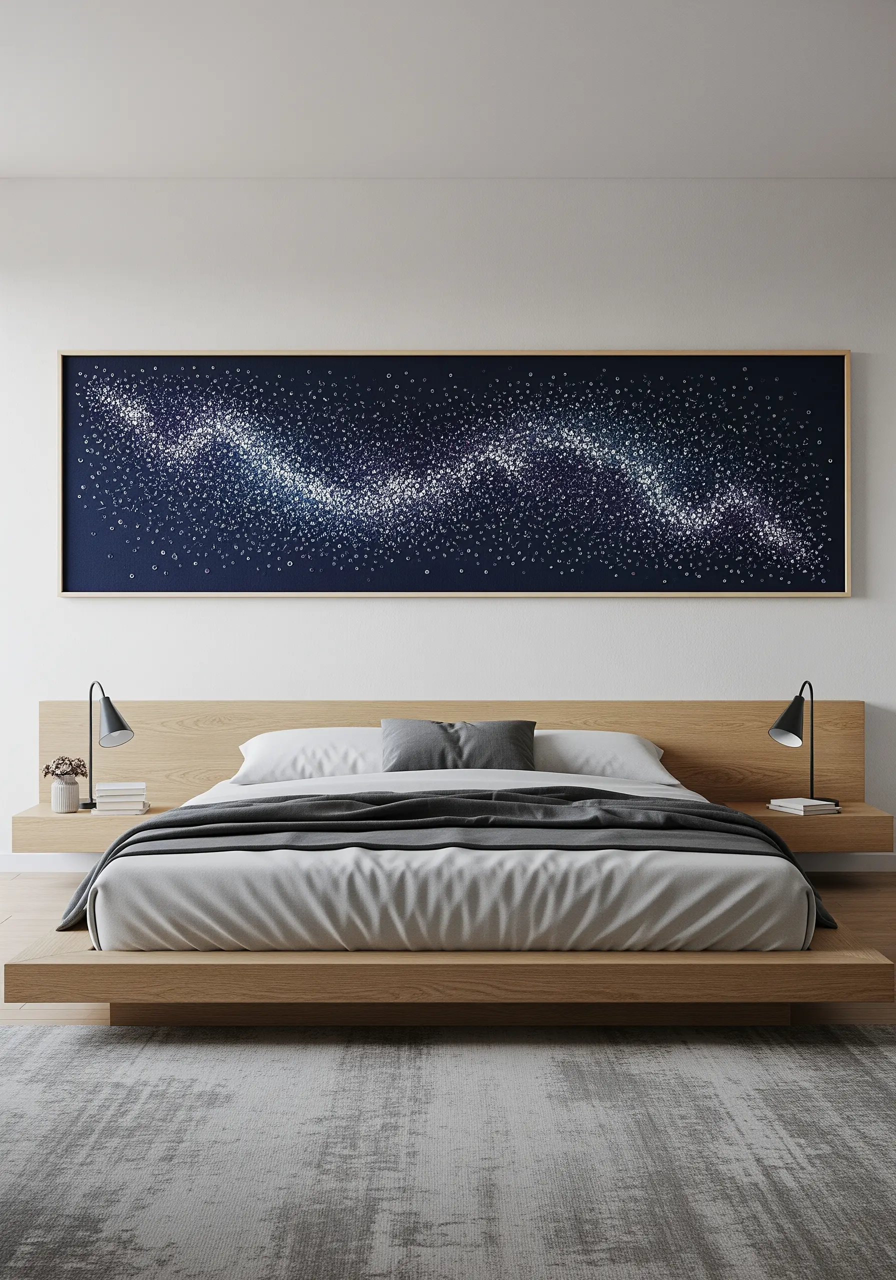 A large panoramic embroidery of the Milky Way galaxy hanging over a bed.