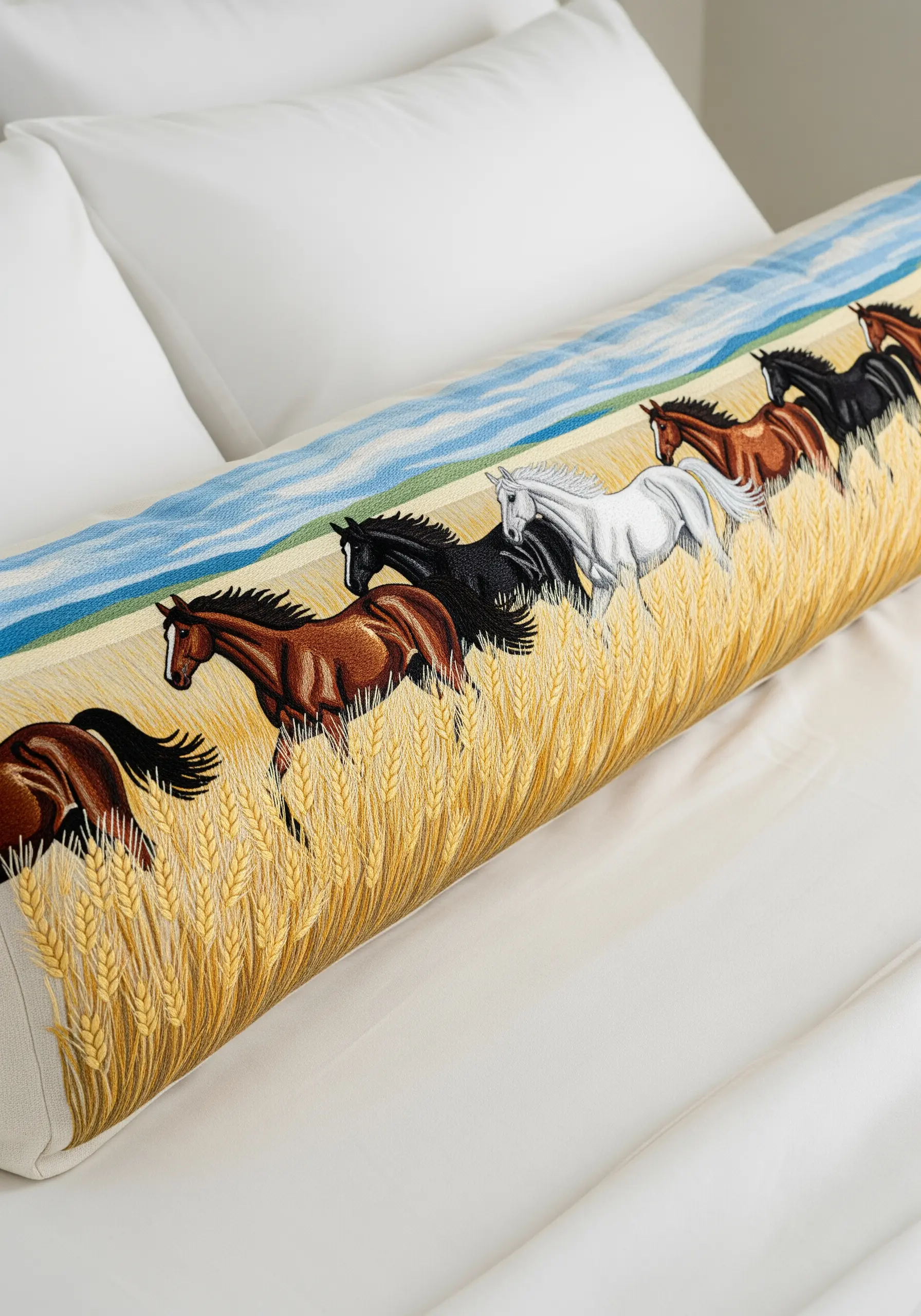 Bolster pillow embroidered with a panoramic scene of horses running through a wheat field.