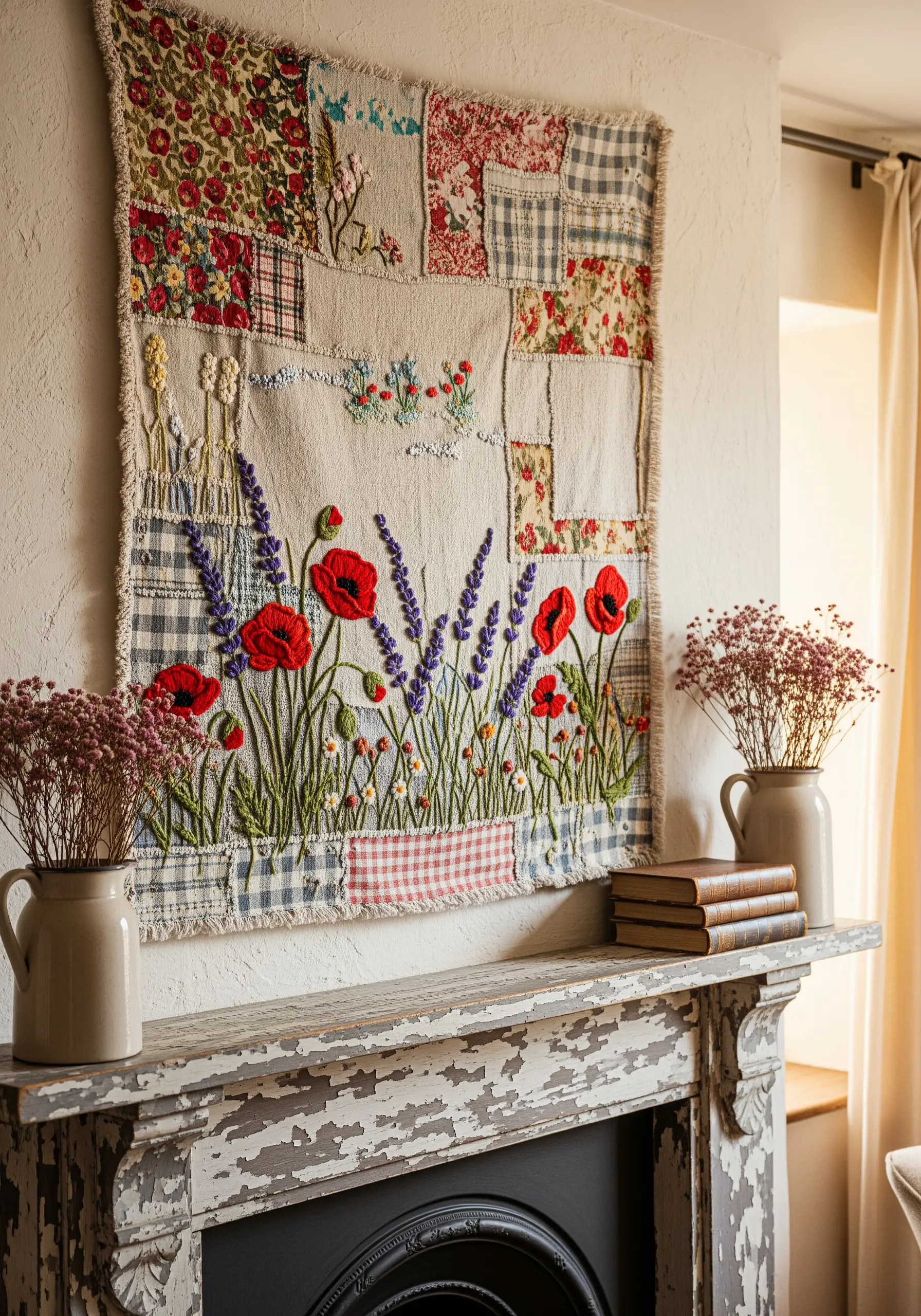 A large patchwork wall hanging with embroidered red poppies and lavender.