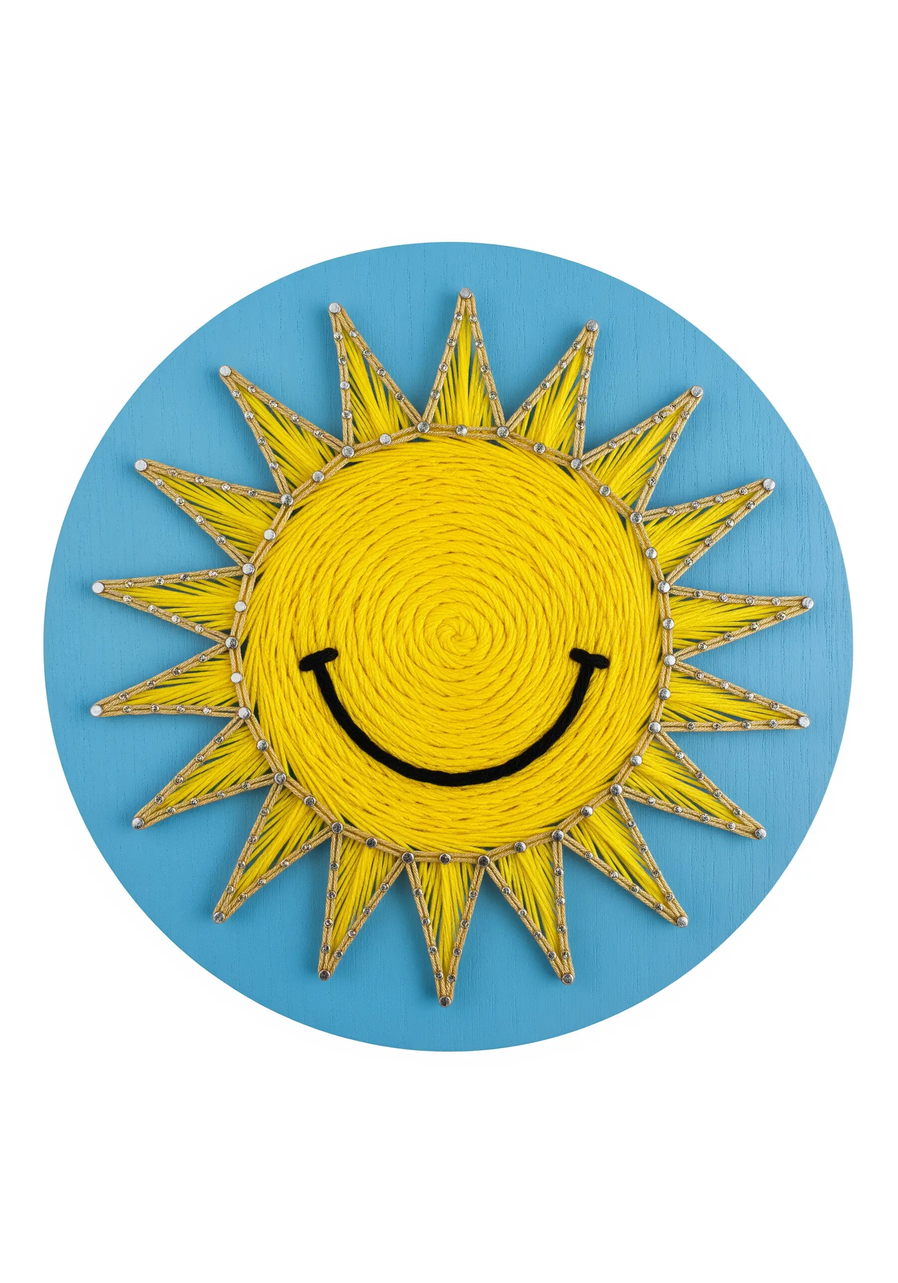 A smiling sun with a perfectly coiled spiral center and sharp, triangular rays.