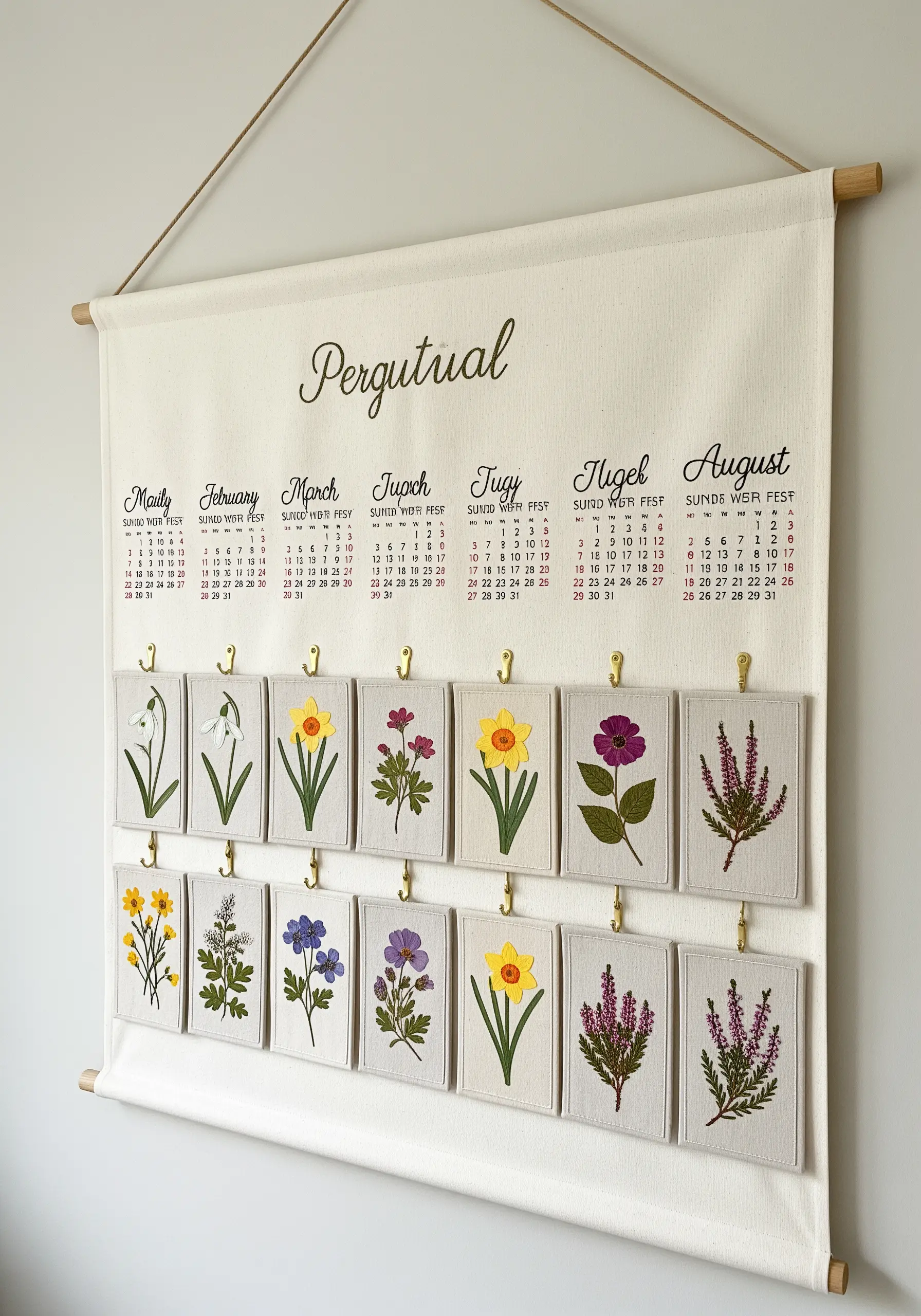 A wall-hanging perpetual calendar with small, interchangeable embroidered panels of monthly flowers.