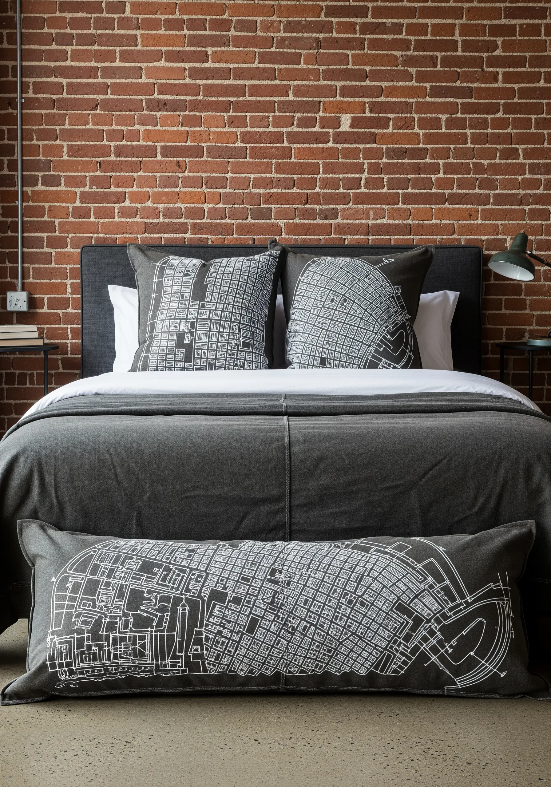 Gray pillows on a bed, embroidered with a white line-art map of a city grid.