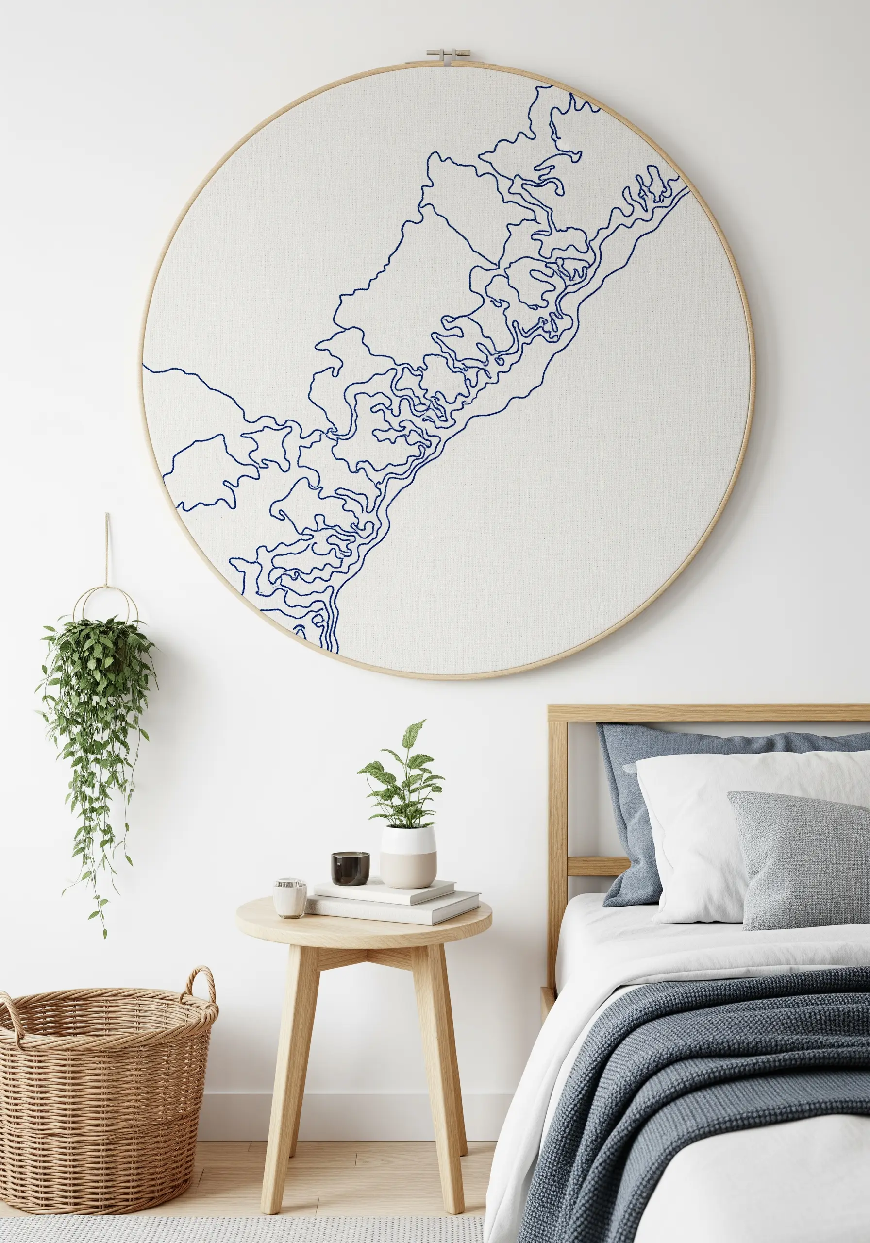 An oversized embroidery hoop featuring the topographical line art of a coastline in blue thread.