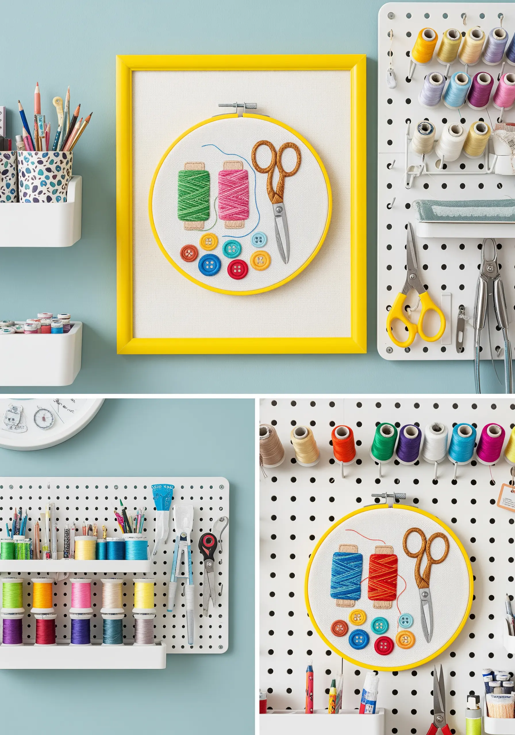 Embroidery of thread spools, scissors, and buttons inside a hoop, mounted in a bright yellow frame.
