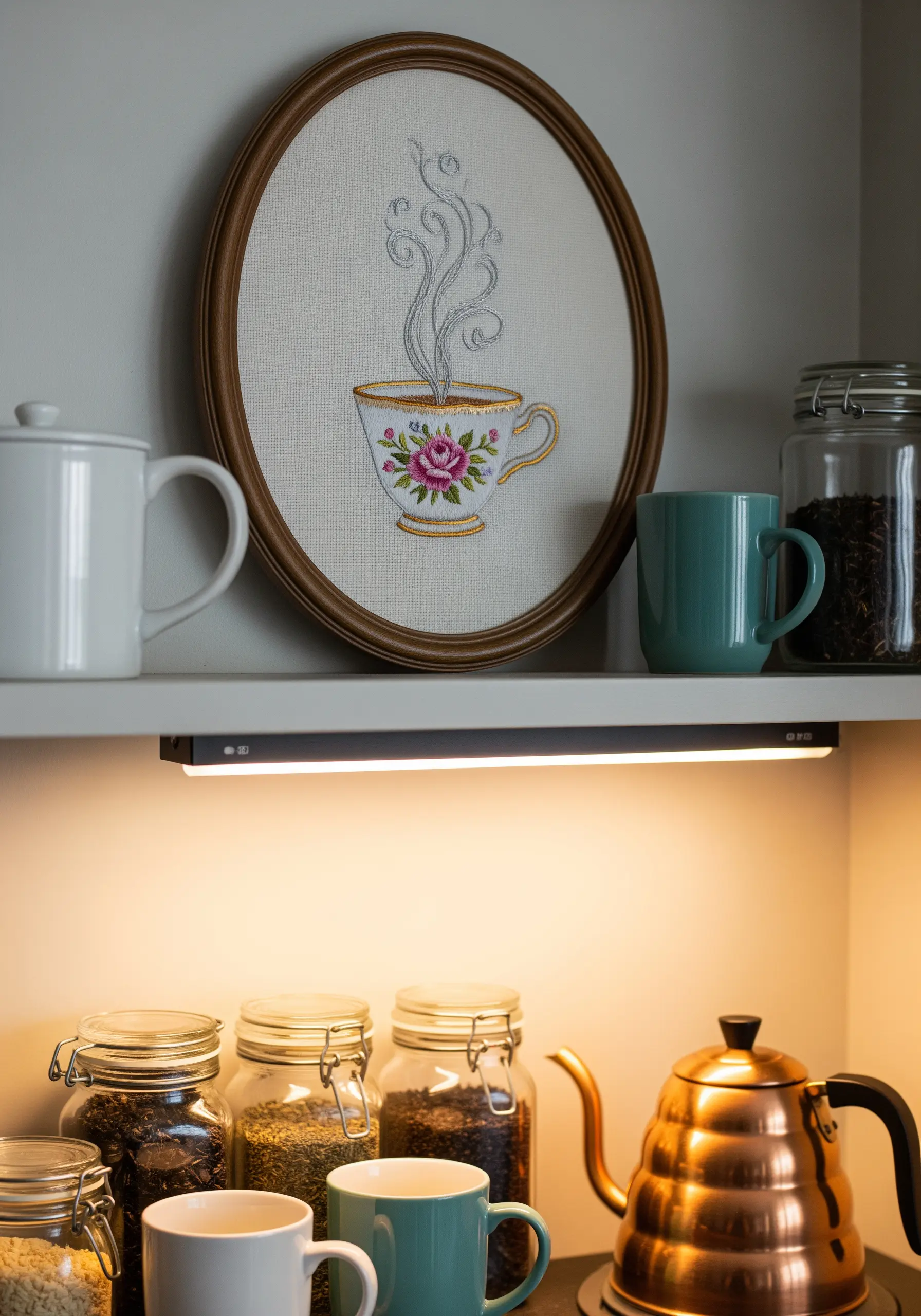 Embroidery of a floral teacup with rising steam, framed in an oval hoop on a kitchen shelf.