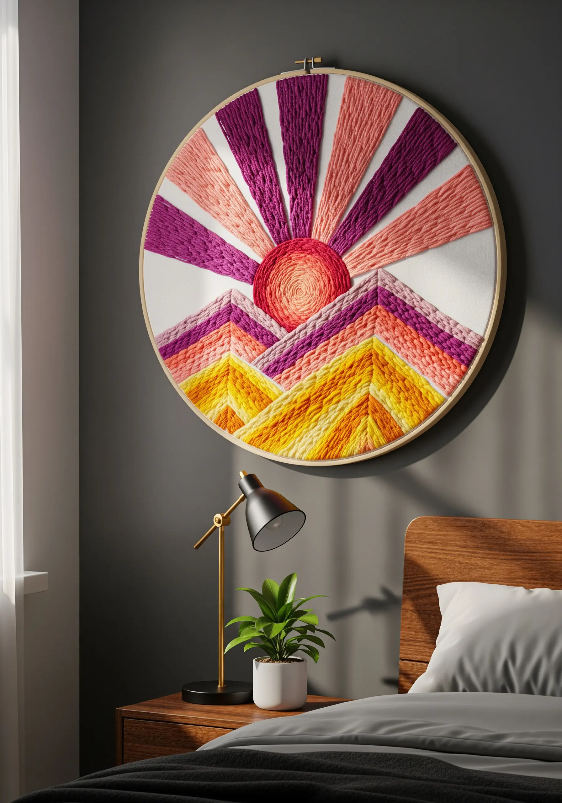 Large embroidery hoop with a sunrise over mountains made with thick, colorful yarn.
