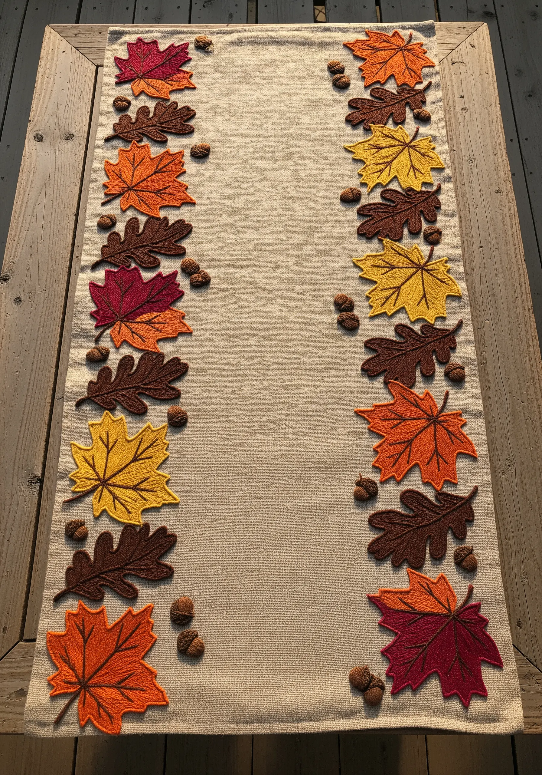 Table runner with appliqué autumn leaves in red, orange, and yellow with embroidered veins.