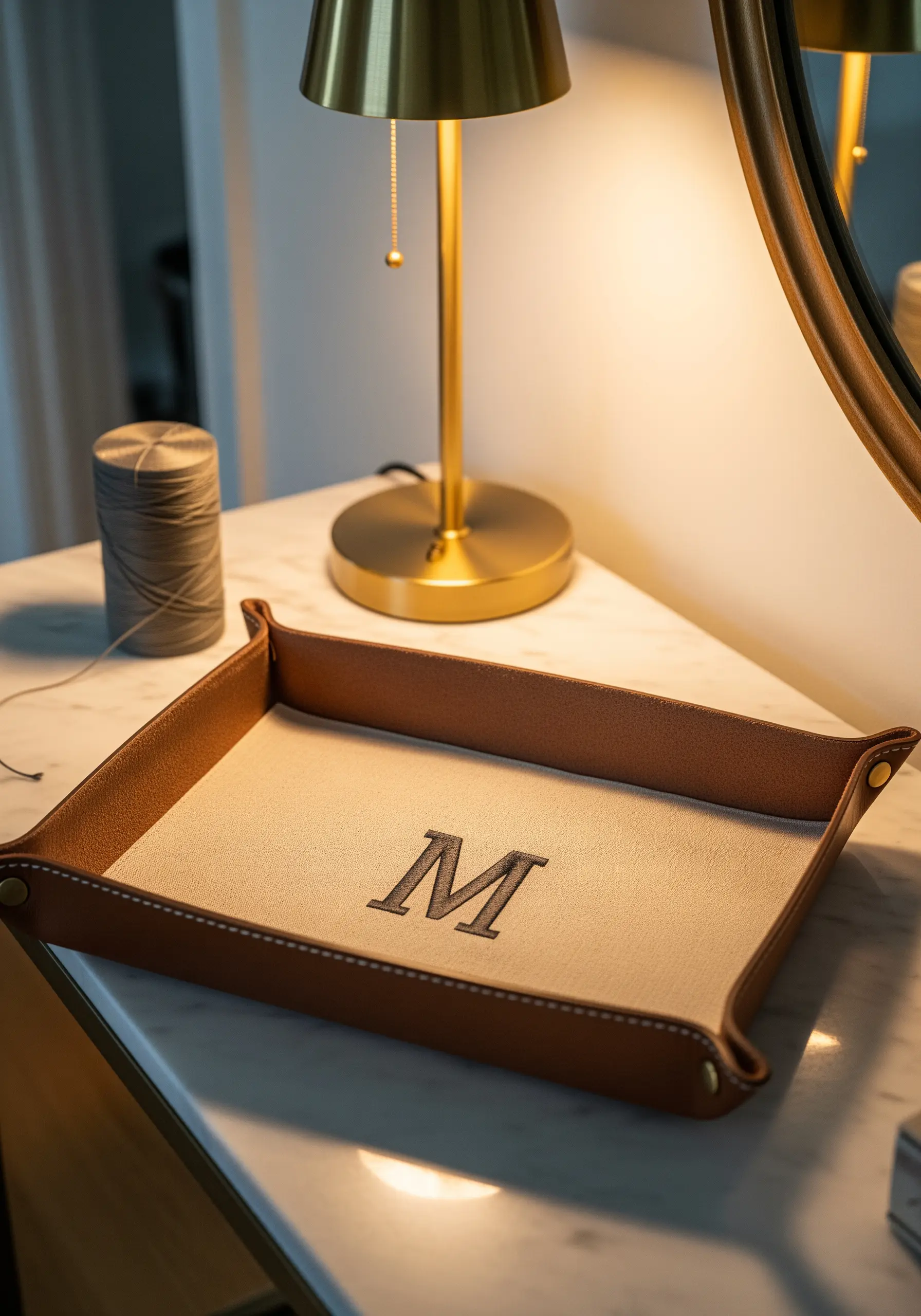 A close-up of a satin-stitched 'M' monogram on a fabric-lined leather tray.