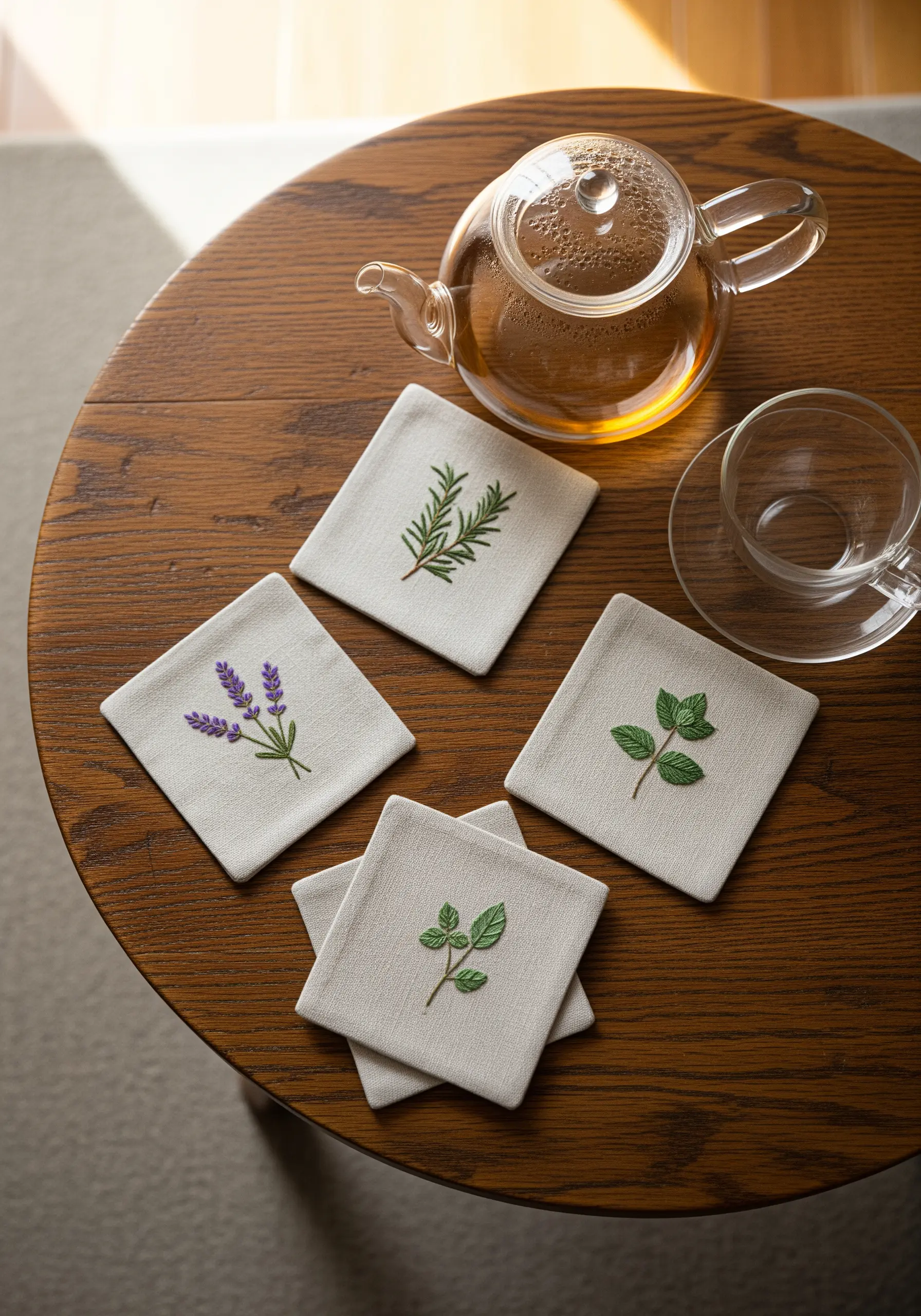 Four linen coasters embroidered with lavender, rosemary, and mint sprigs.