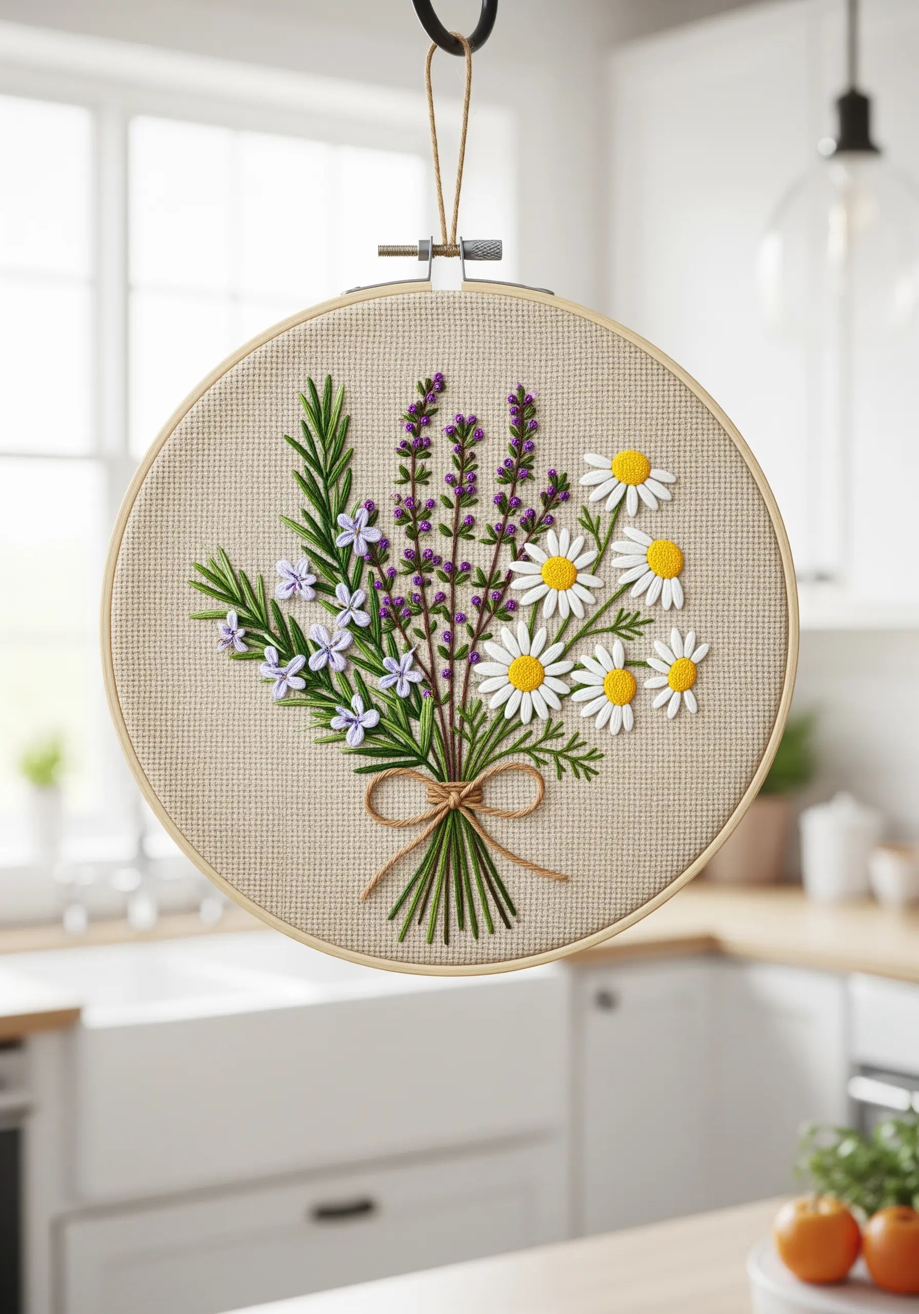A rustic embroidered bouquet of lavender, daisies, and rosemary tied with a twine bow.