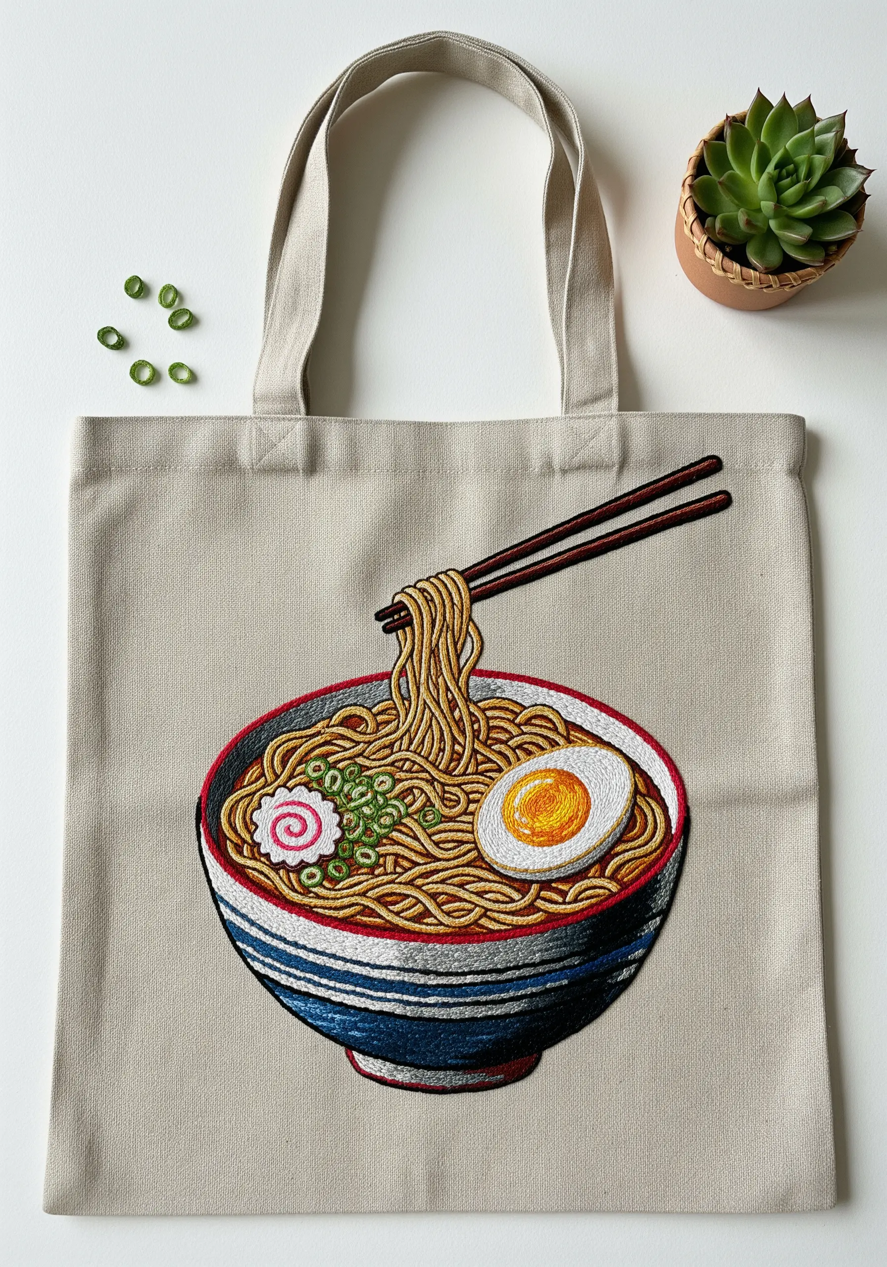 A detailed embroidery of a ramen bowl with textured noodles and a soft-boiled egg.