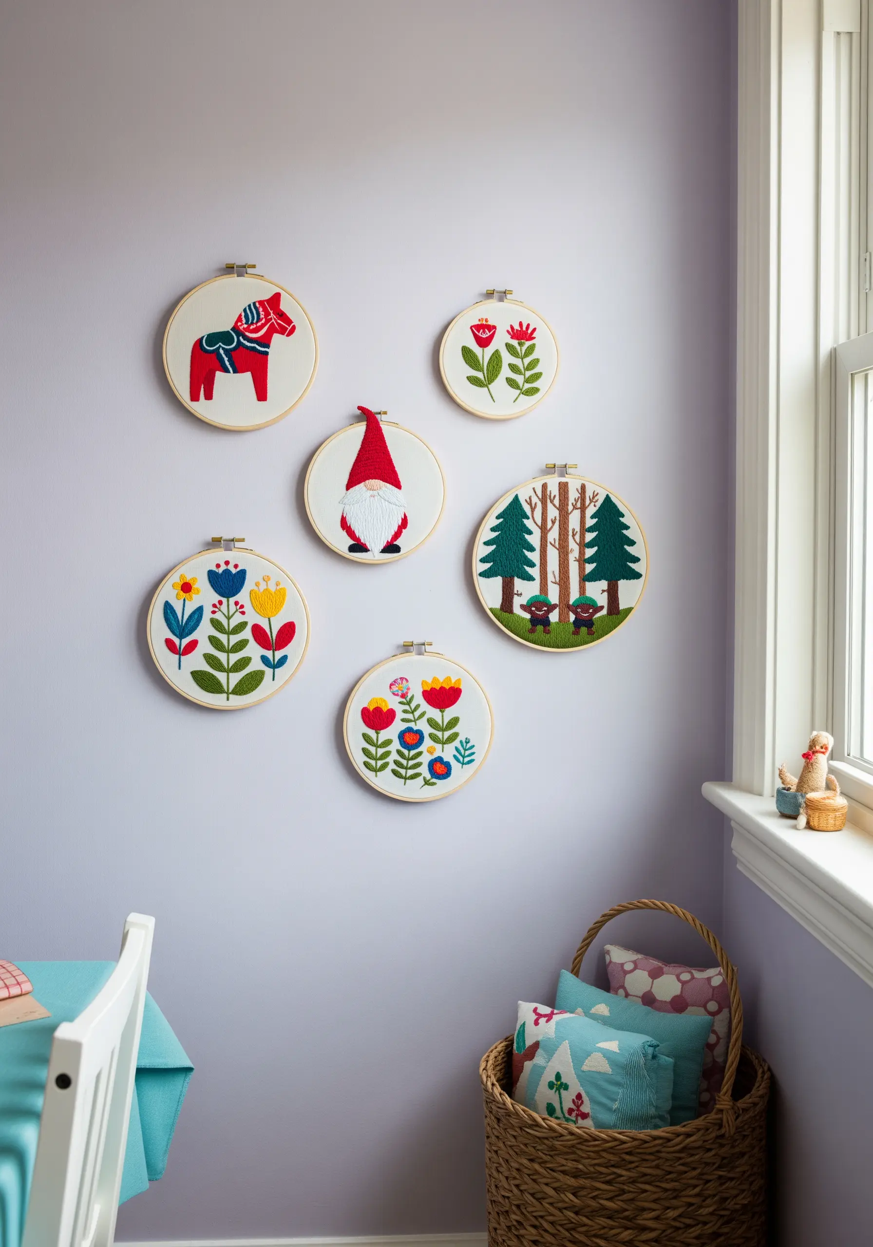 Six Scandinavian folk art-themed embroidery hoops with a Dala horse, gnome, and flowers.