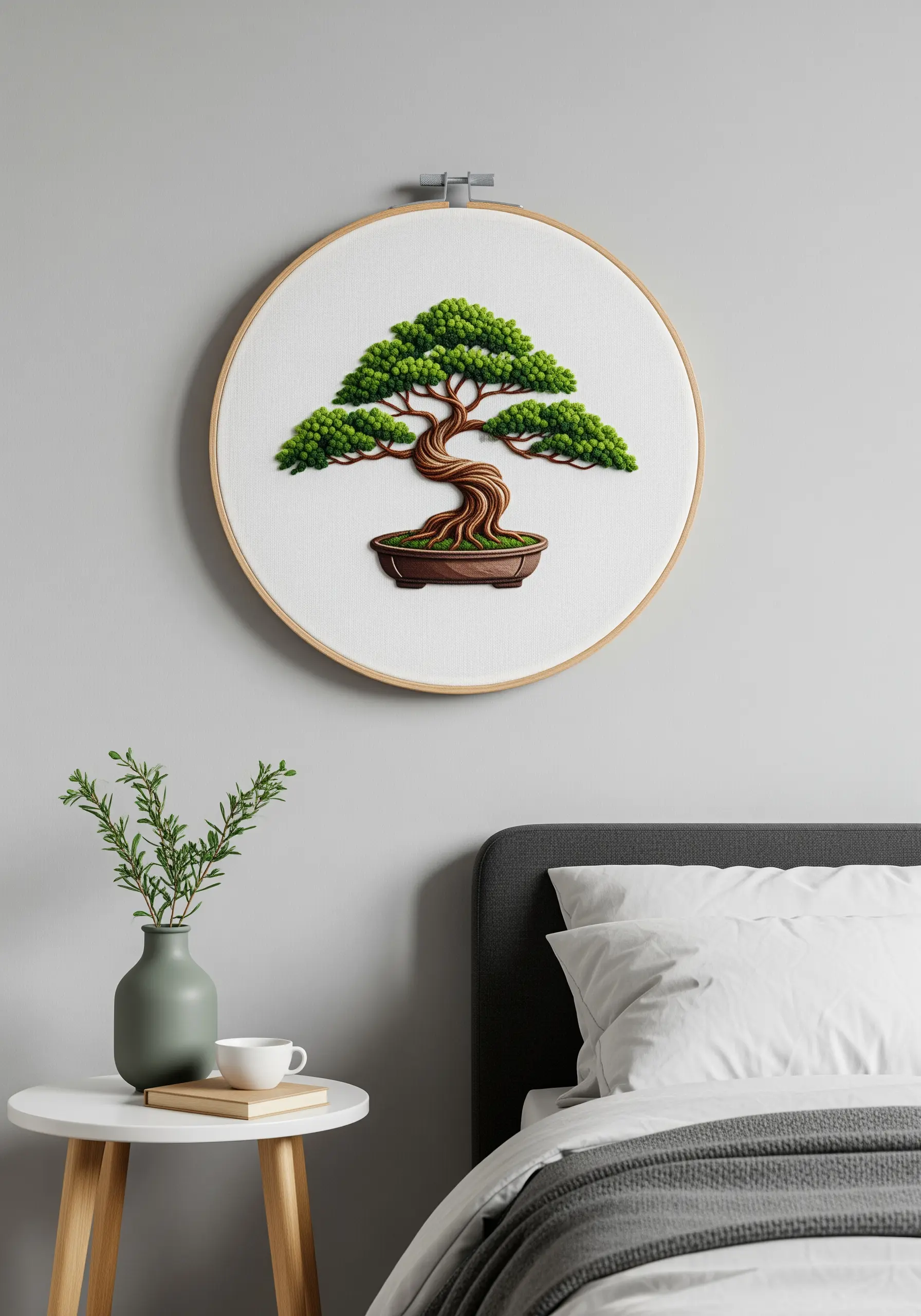 Embroidered bonsai tree with dense French knot foliage and a textured trunk.