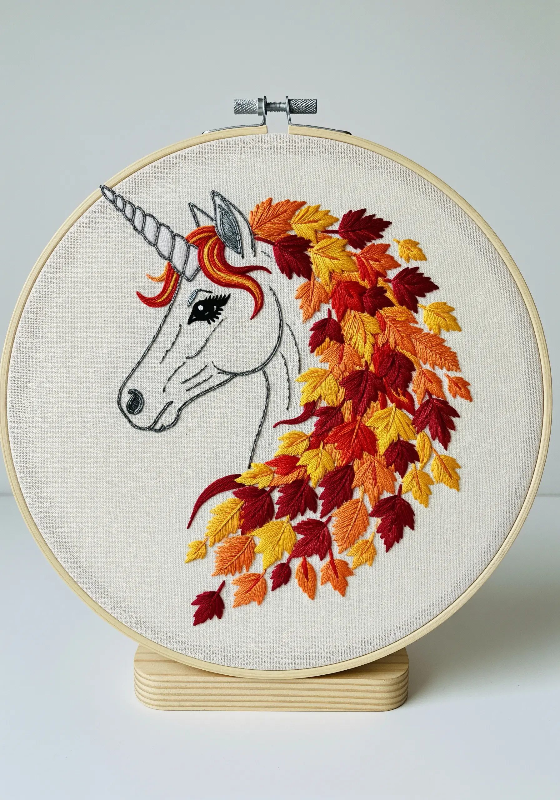 Unicorn with a mane made of embroidered autumn leaves in red, orange, and yellow.