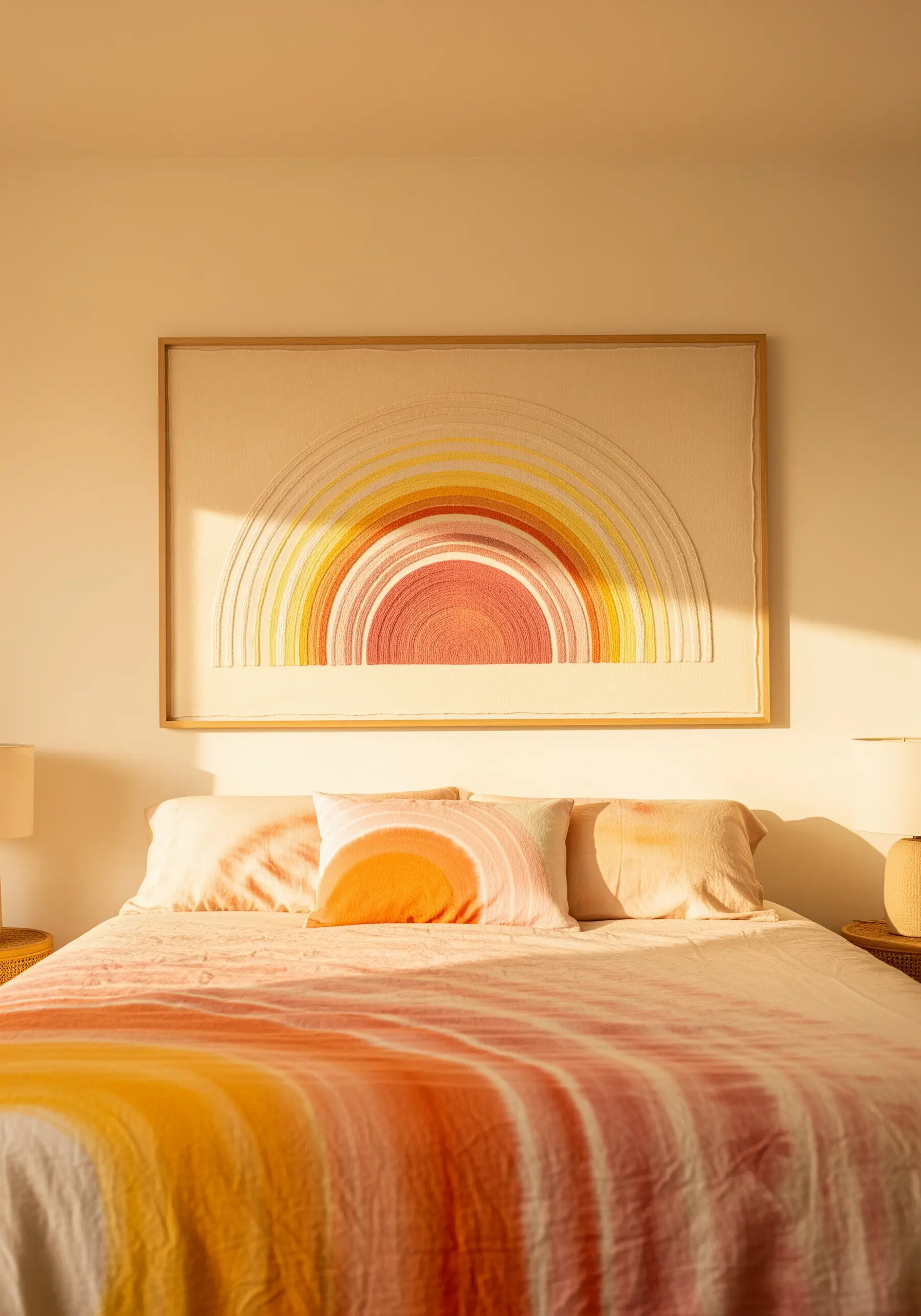 Large framed embroidery of a sunset made of concentric arcs in warm pink, orange, and yellow tones.