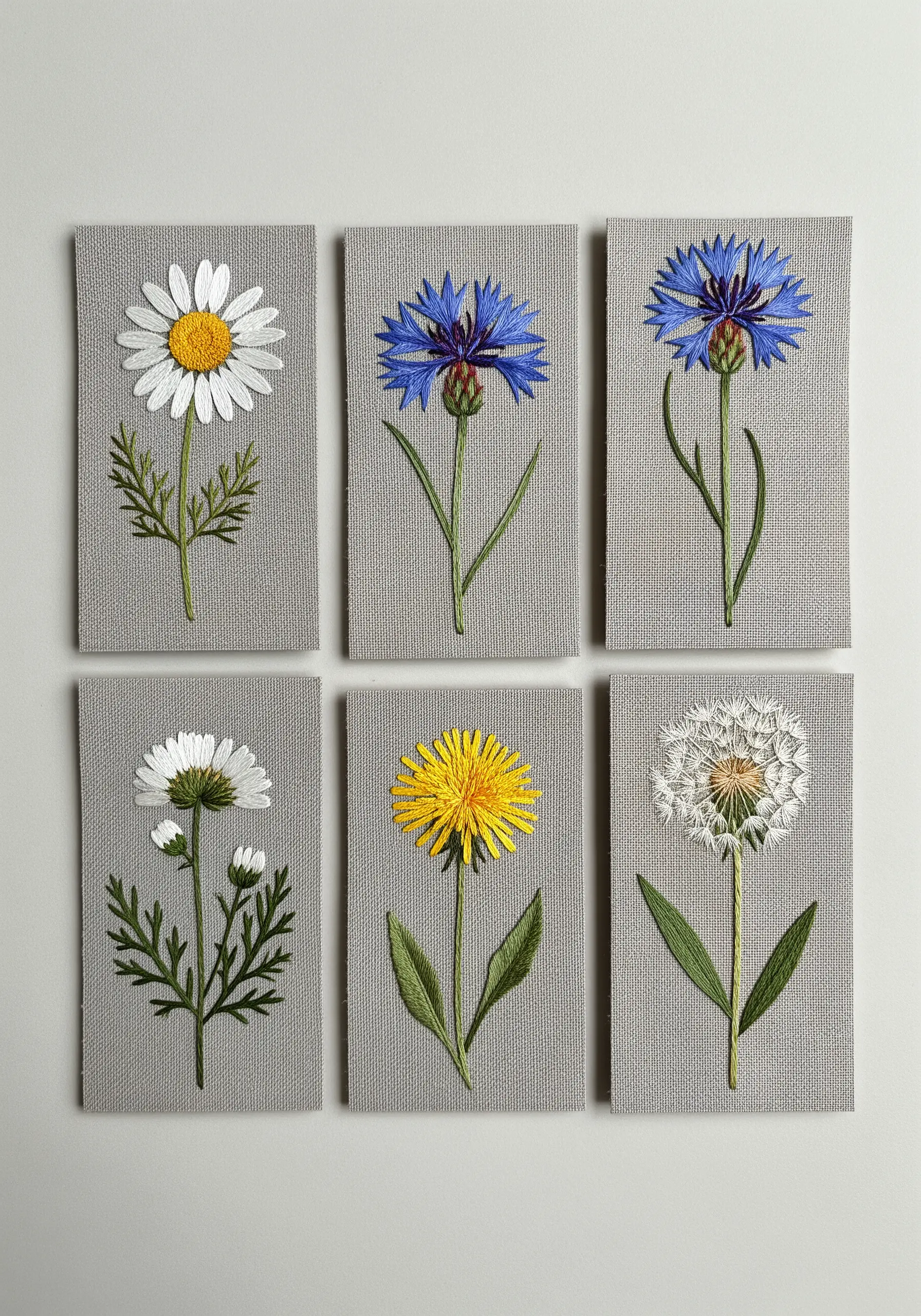A grid of six small embroidered panels, each featuring a different detailed wildflower.