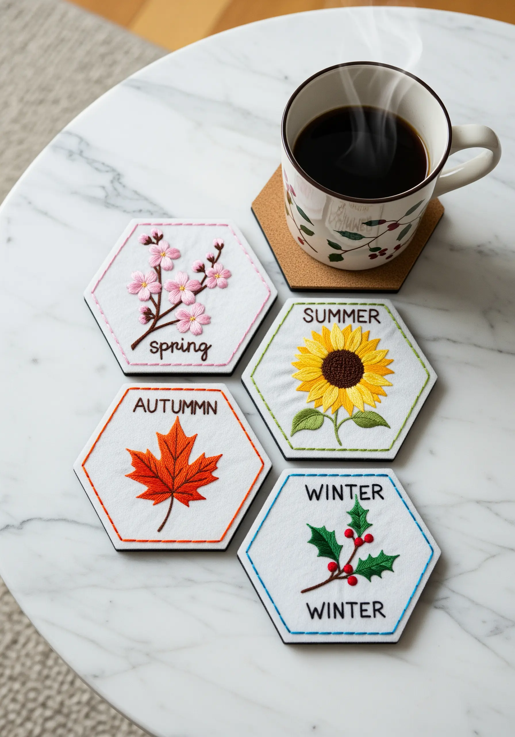 Set of four hexagonal embroidered coasters representing the four seasons.