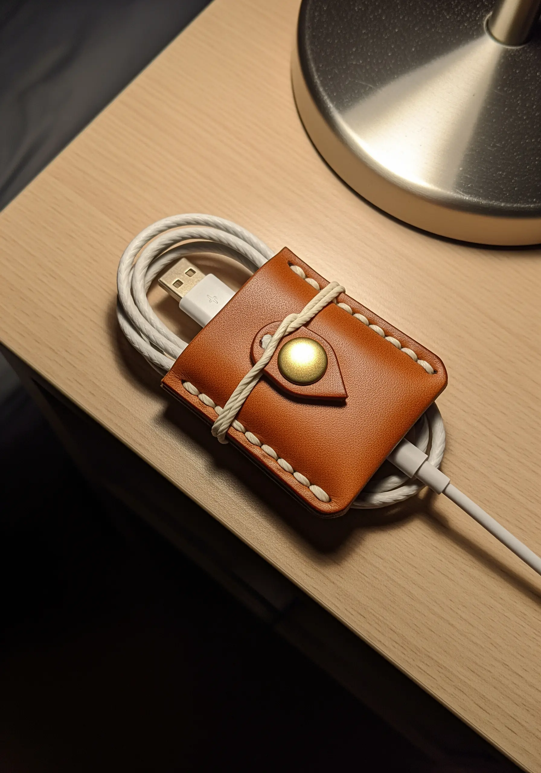 A hand-stitched leather organizer neatly holding a coiled USB cable on a nightstand.