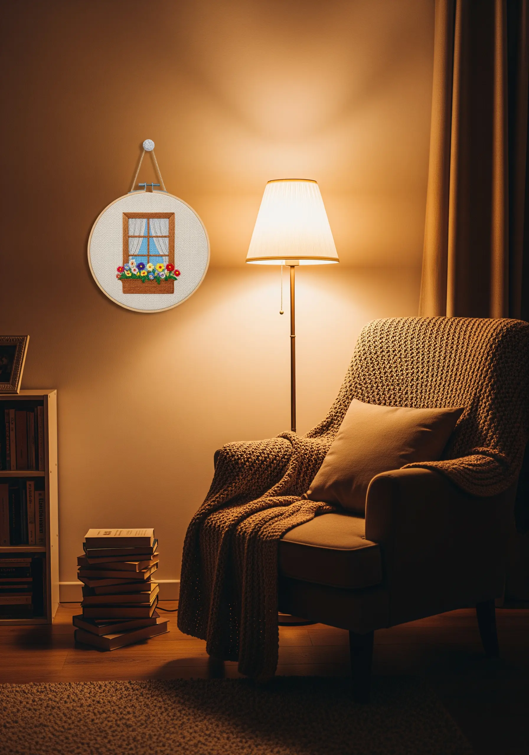 Embroidery hoop art of a window with a flower box hanging in a cozy room.