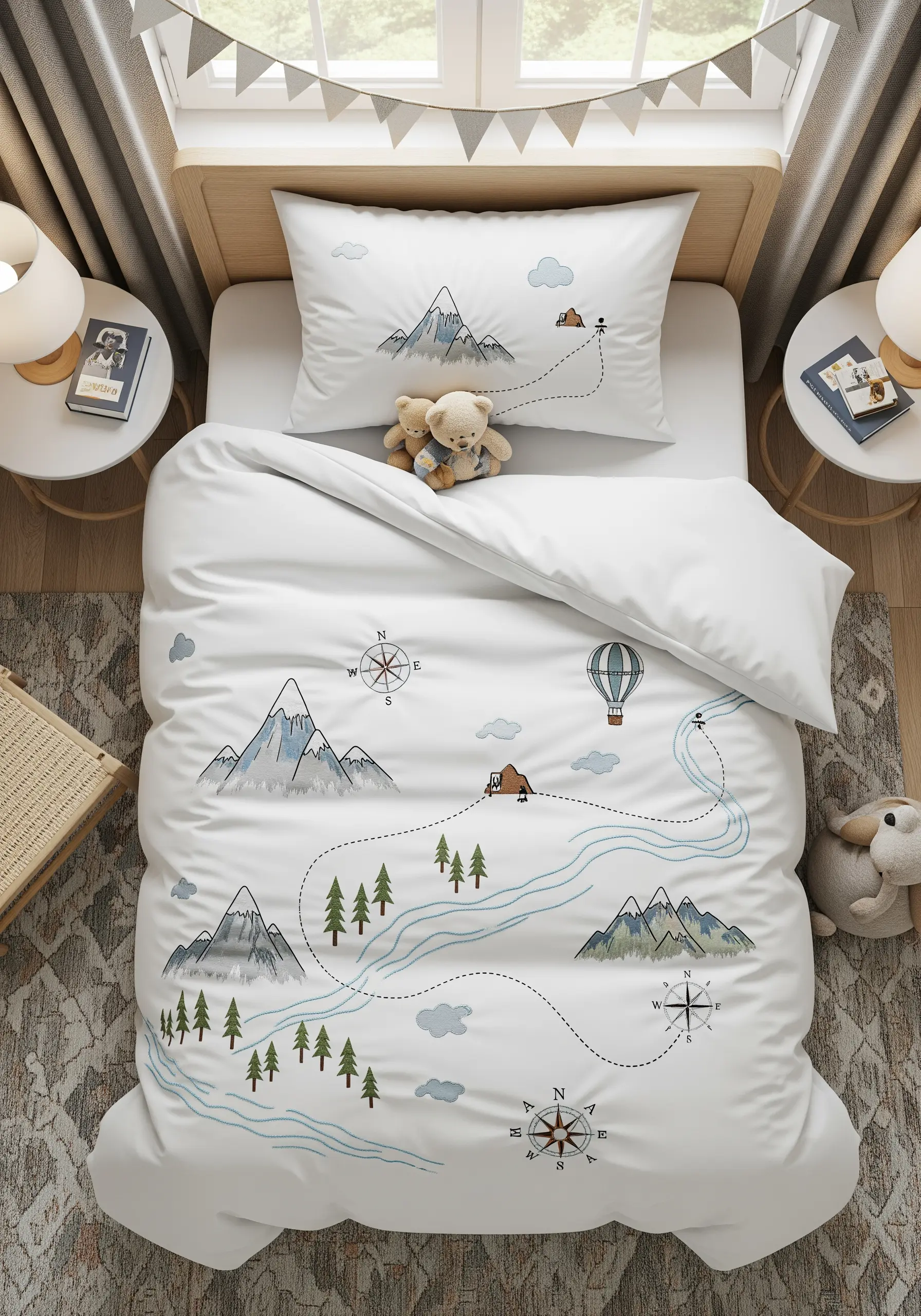 A child's duvet cover embroidered with a playful adventure map of mountains, trees, and a path.
