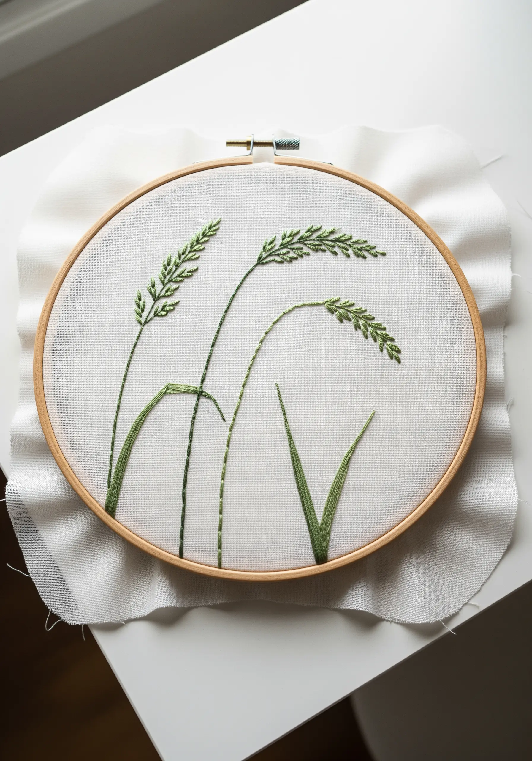 An embroidery study of different wild grasses, showing movement and texture with varied stitches.
