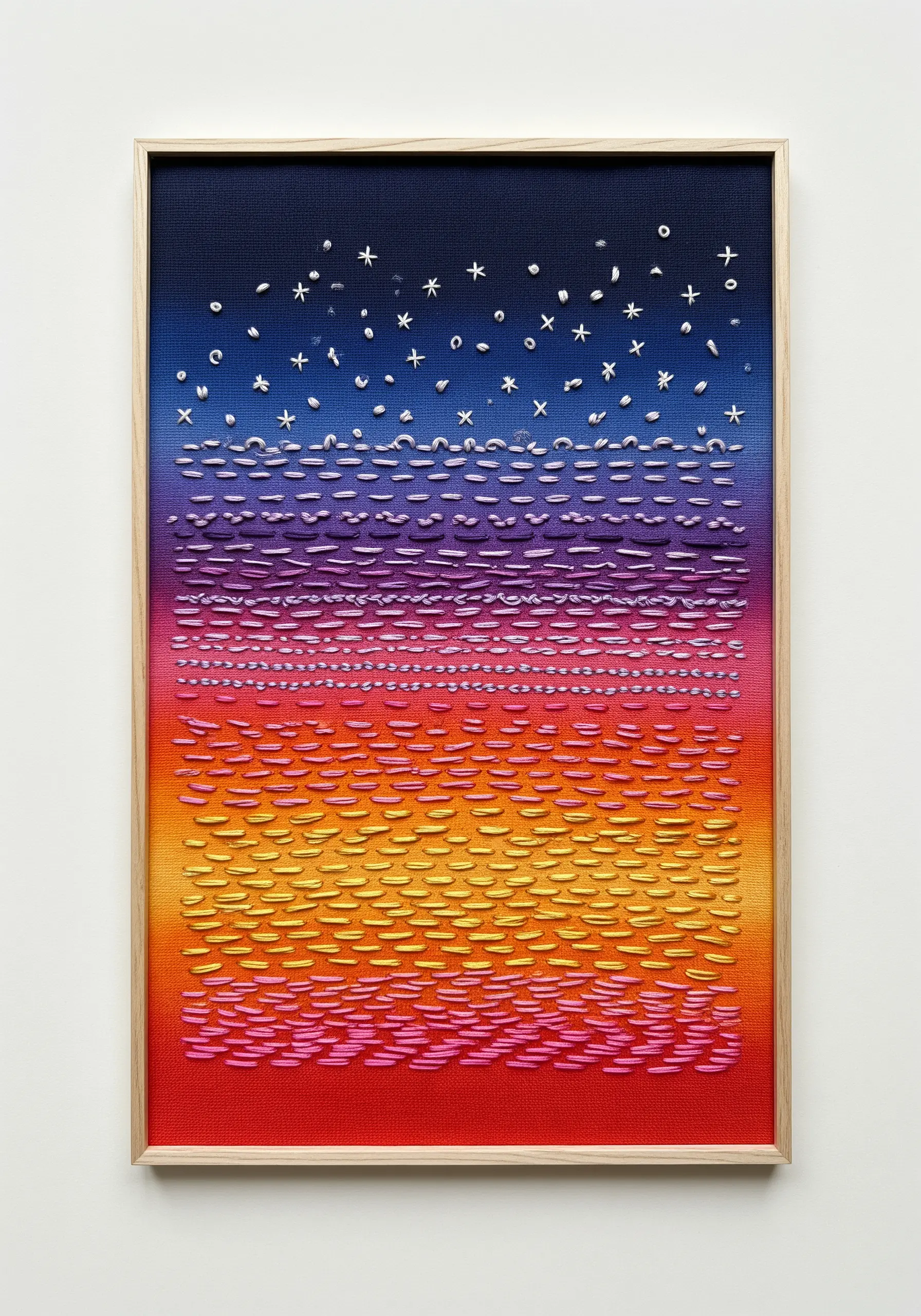 An abstract sunset embroidery with textured horizontal stitches in a vibrant color gradient.