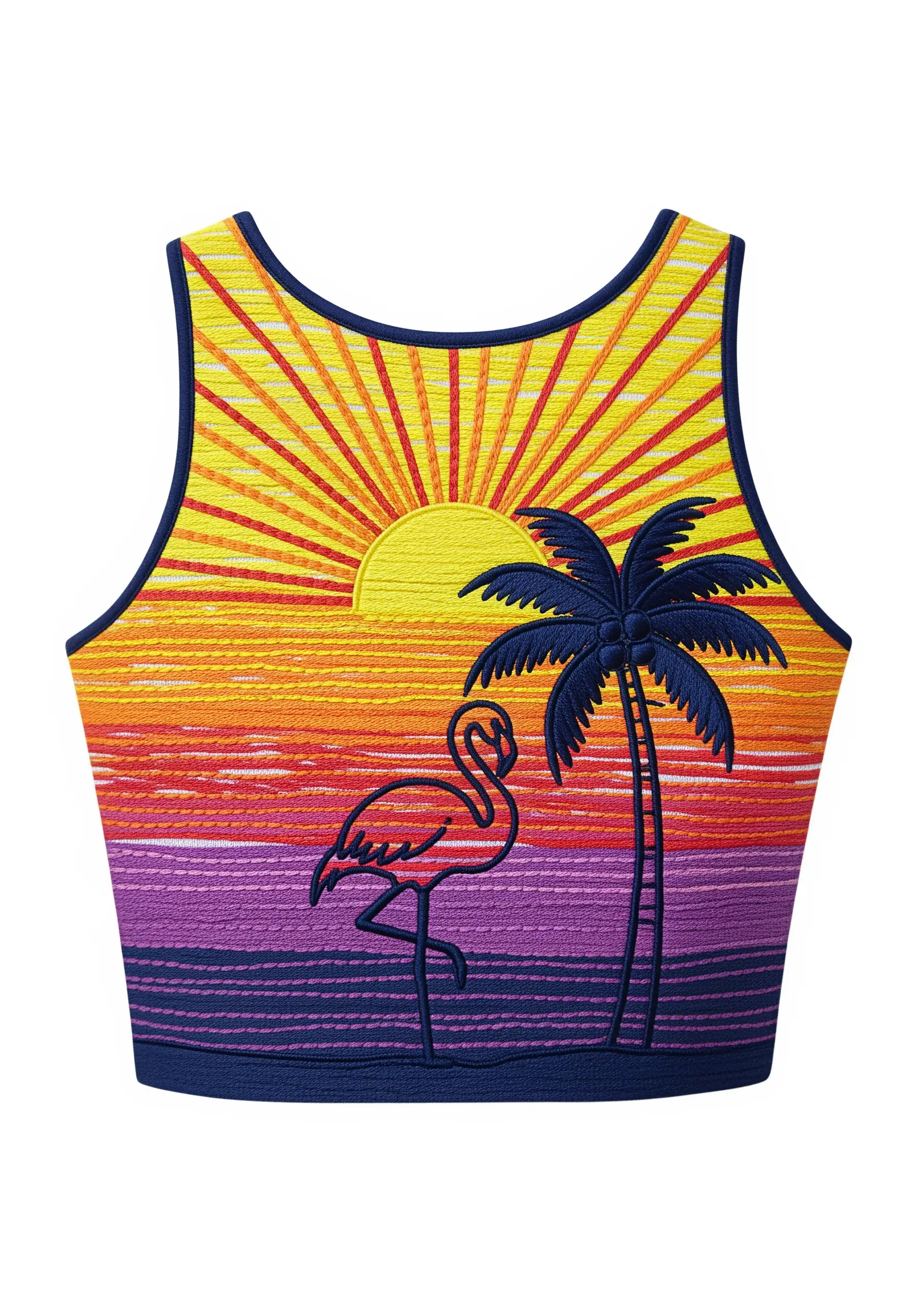 Embroidered sunset crop top with a black outline of a flamingo and palm tree.