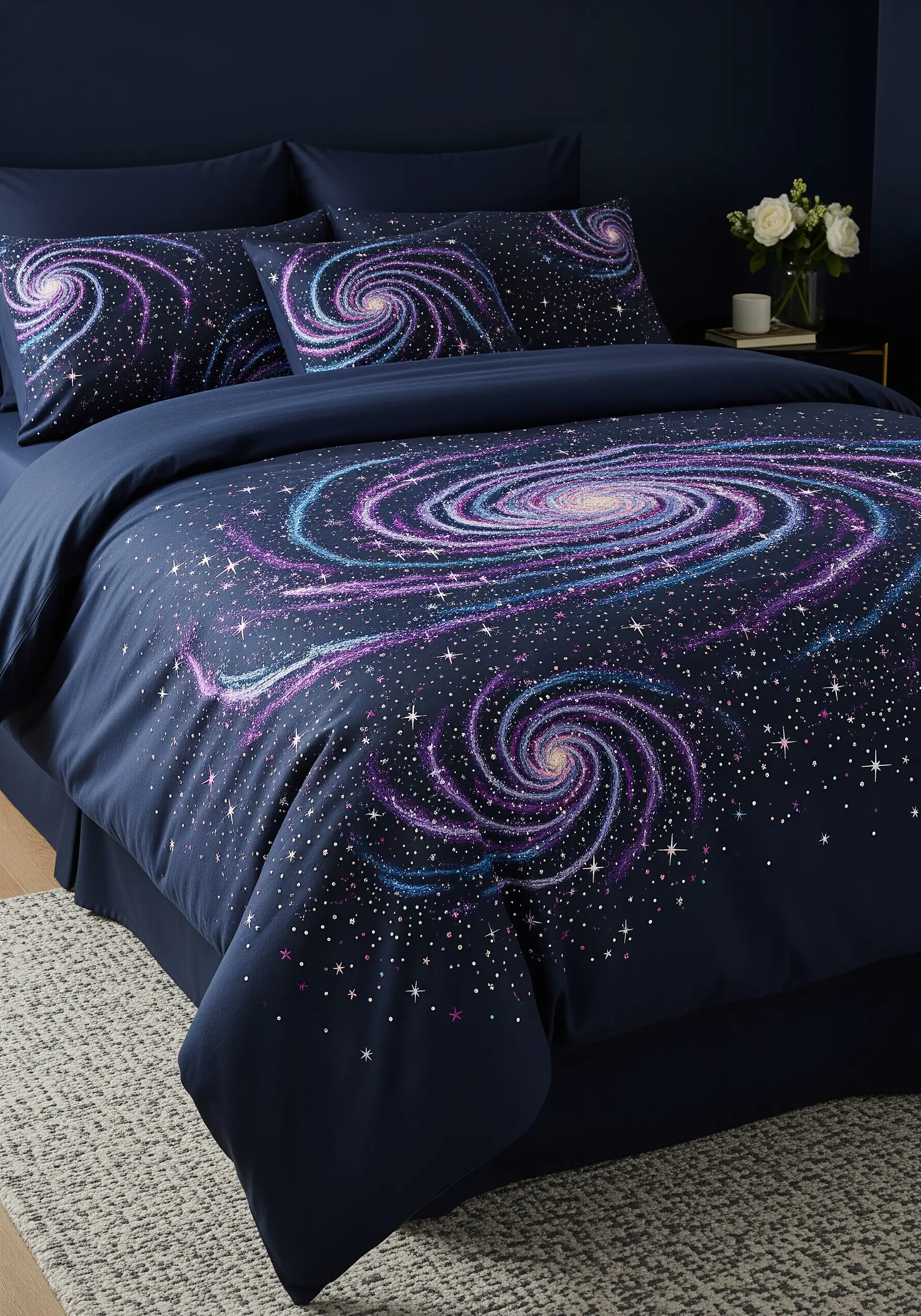 A dark navy blue duvet cover embroidered with swirling purple and blue galaxies and stars.