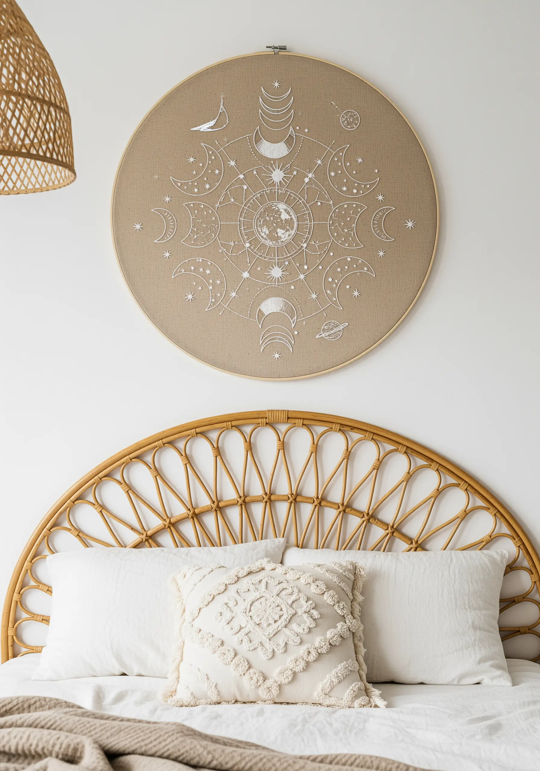 A large, intricate celestial mandala embroidered in white on neutral linen fabric.