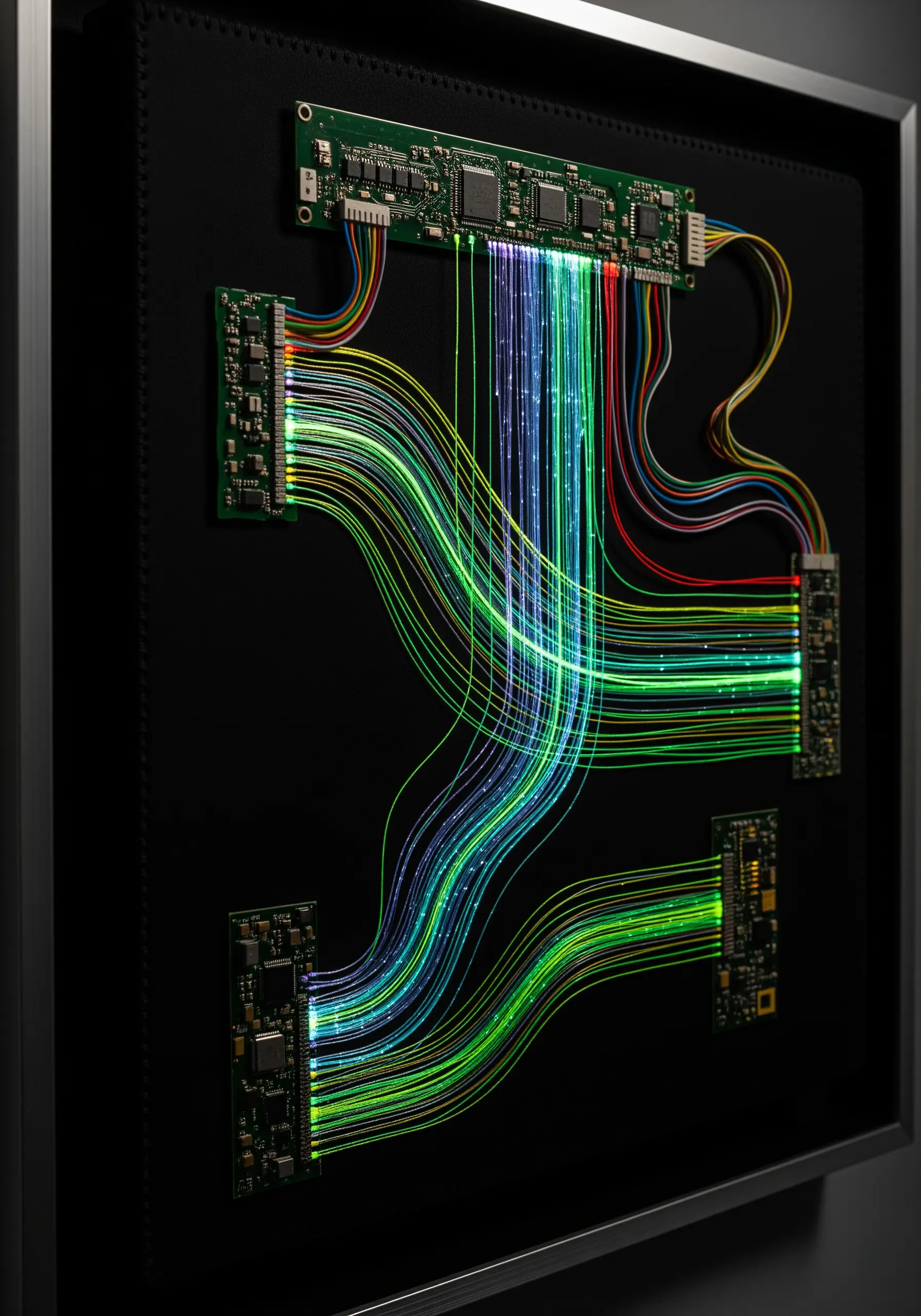 A high-tech art piece with circuit boards and flowing lines of fiber optic cables.