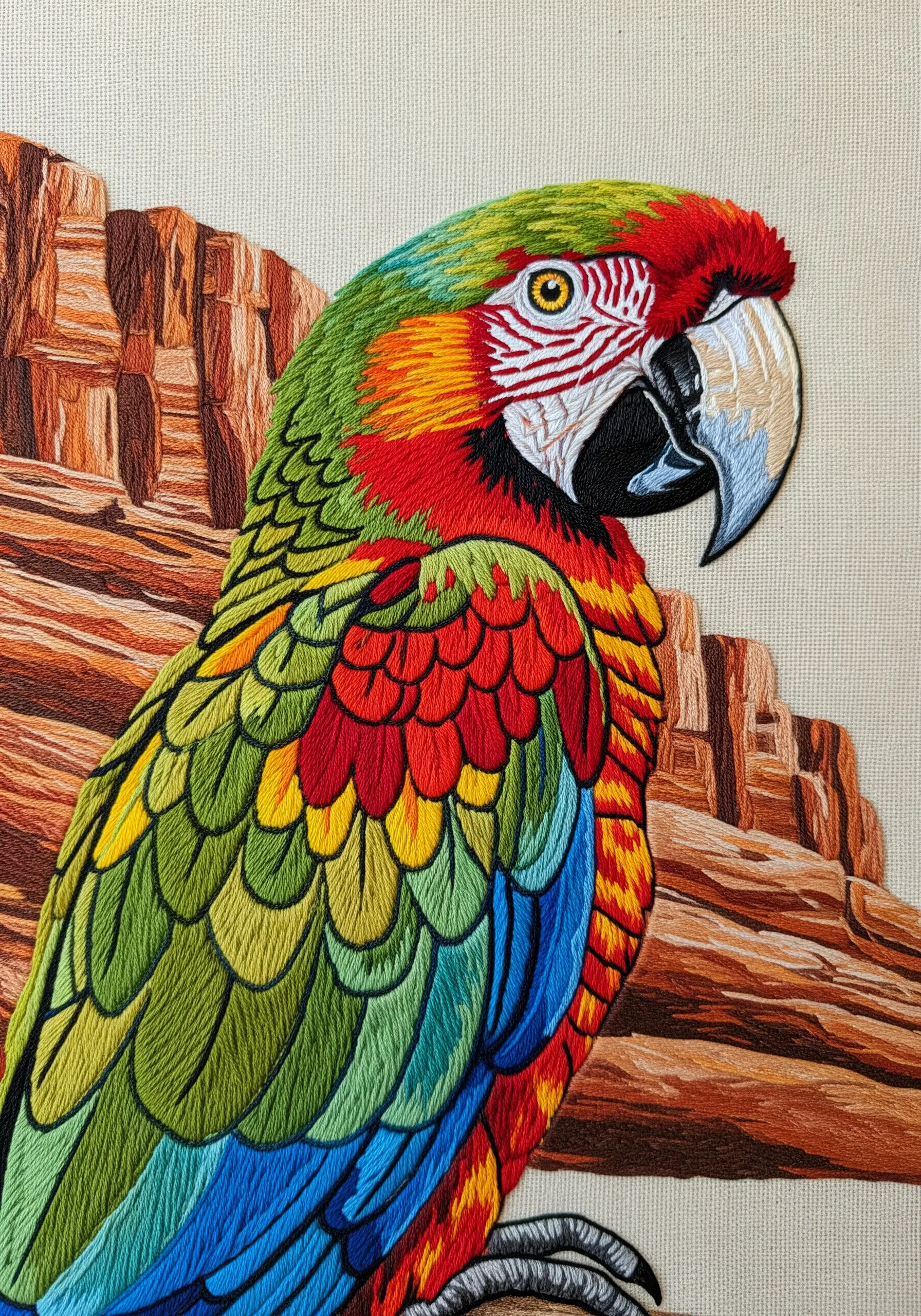 A detailed green-winged macaw embroidered against a background of red rock canyons.
