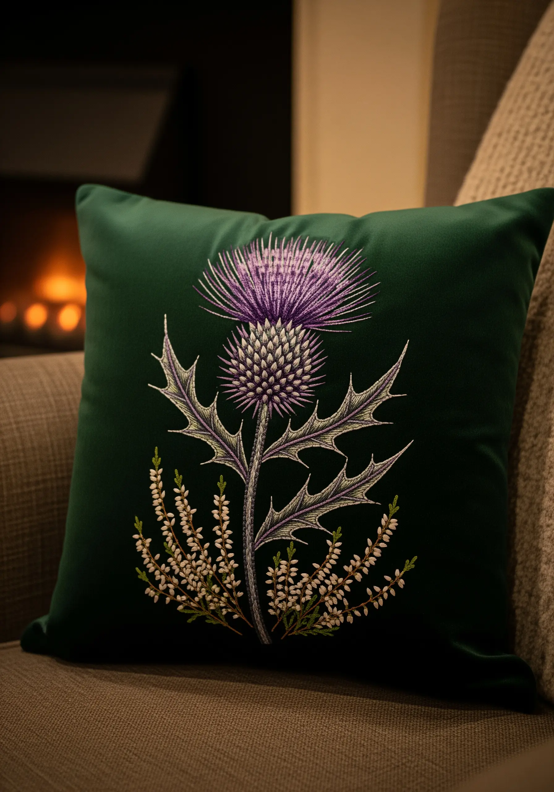 An embroidered Scottish thistle with a purple head and spiky leaves on a dark green velvet pillow.