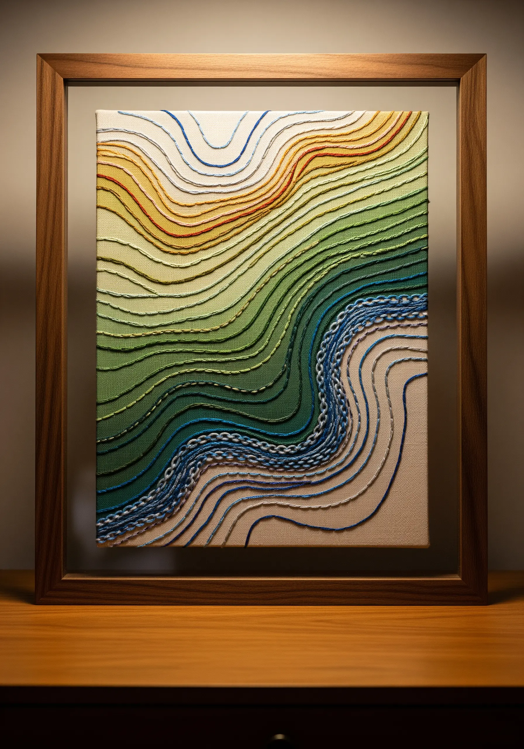 A framed abstract embroidery piece showing topographic lines in a green-to-blue gradient.