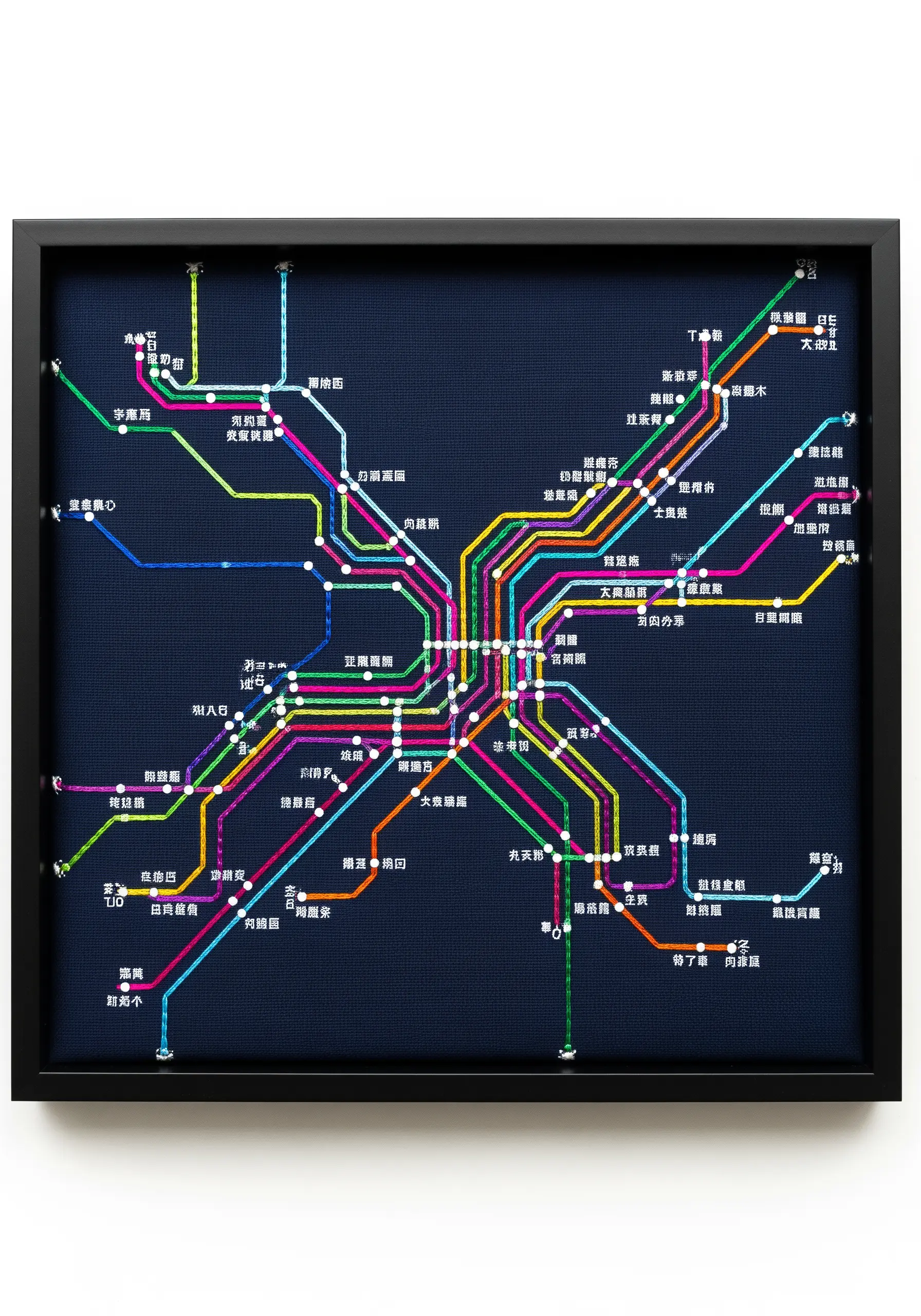A framed, embroidered subway map with multi-colored lines and text on navy blue fabric.