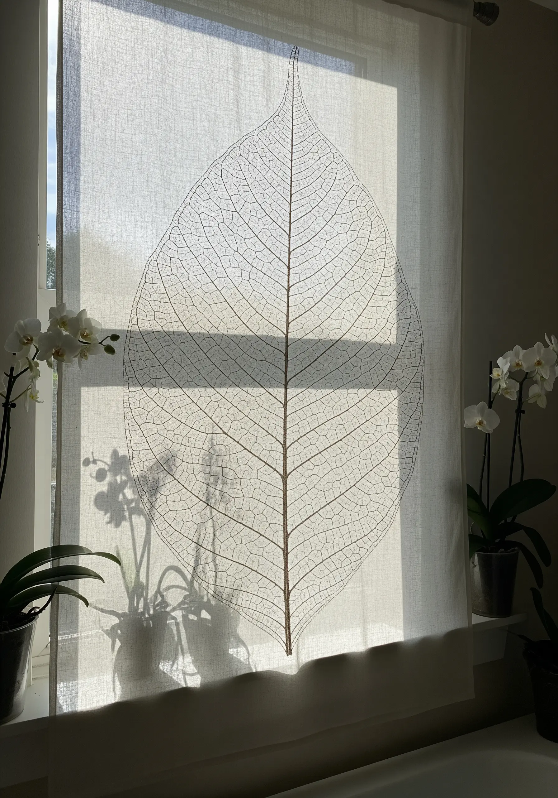 A sheer white curtain embroidered with the intricate vein pattern of a large skeleton leaf.