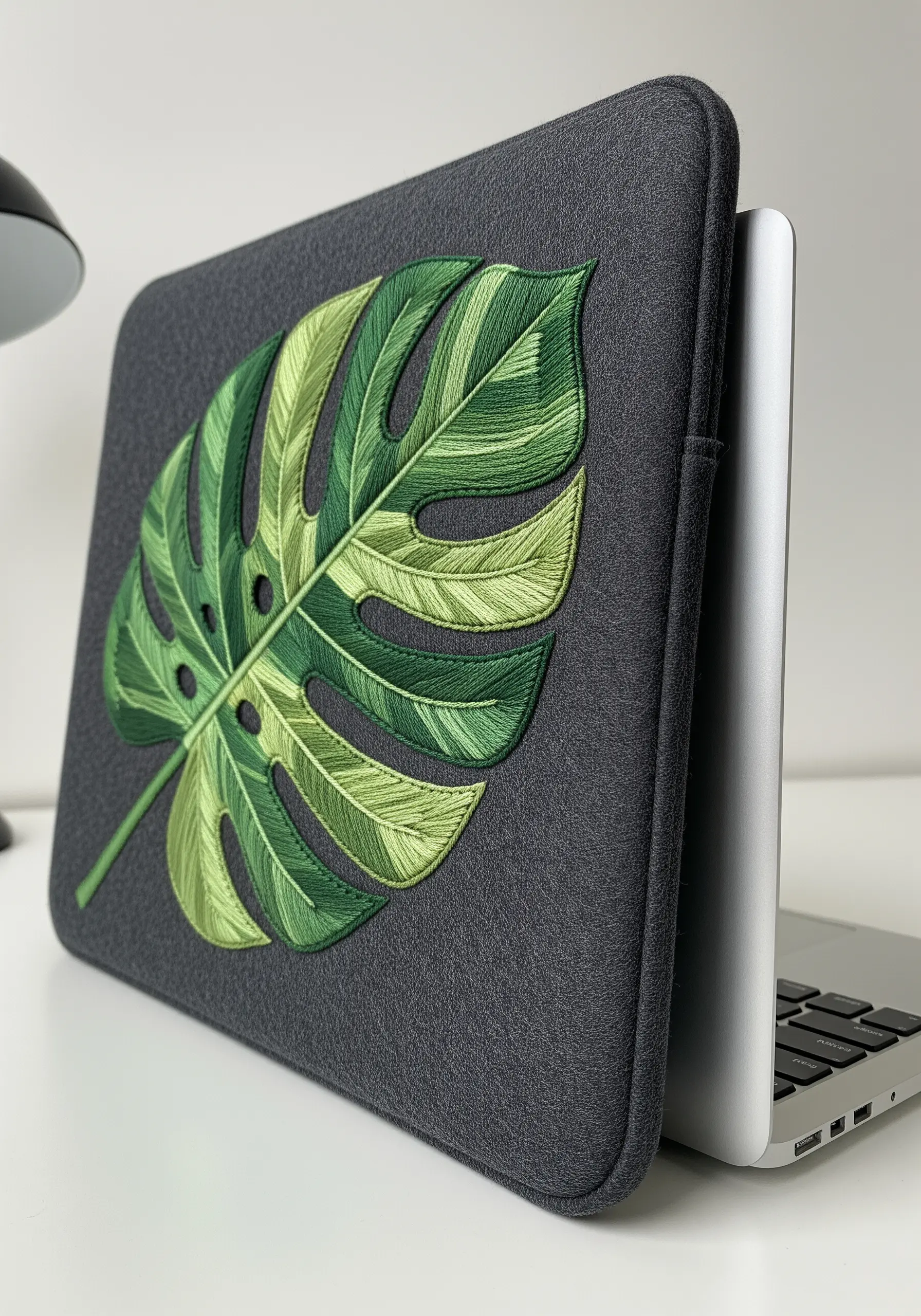 A variegated green monstera leaf embroidered on a dark grey felt laptop sleeve.