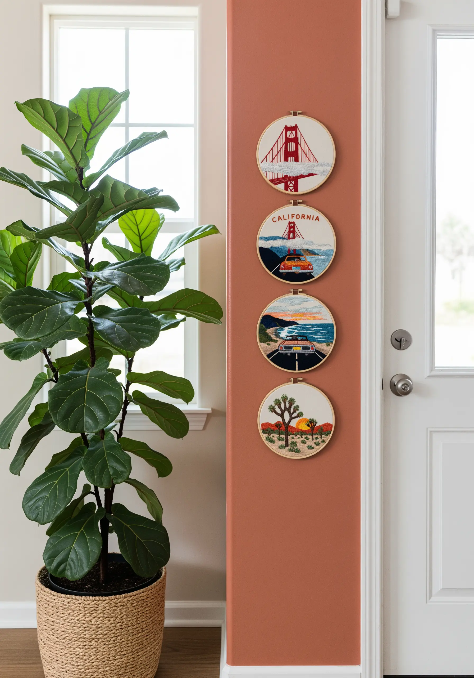 Four California-themed embroidery hoops stacked vertically on a terracotta-colored narrow wall.