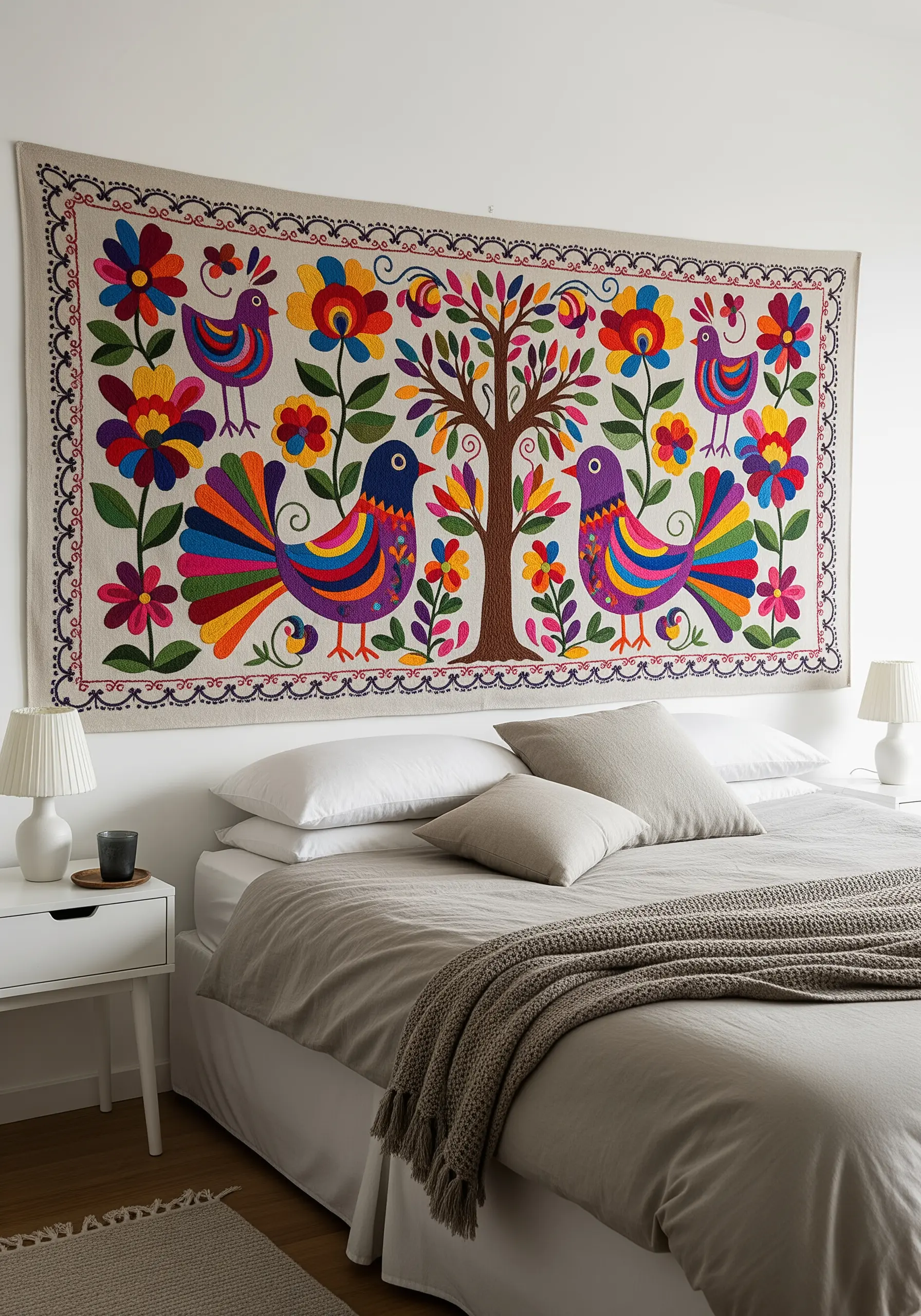 A large, colorful embroidered tapestry with folk art birds and flowers above a bed.