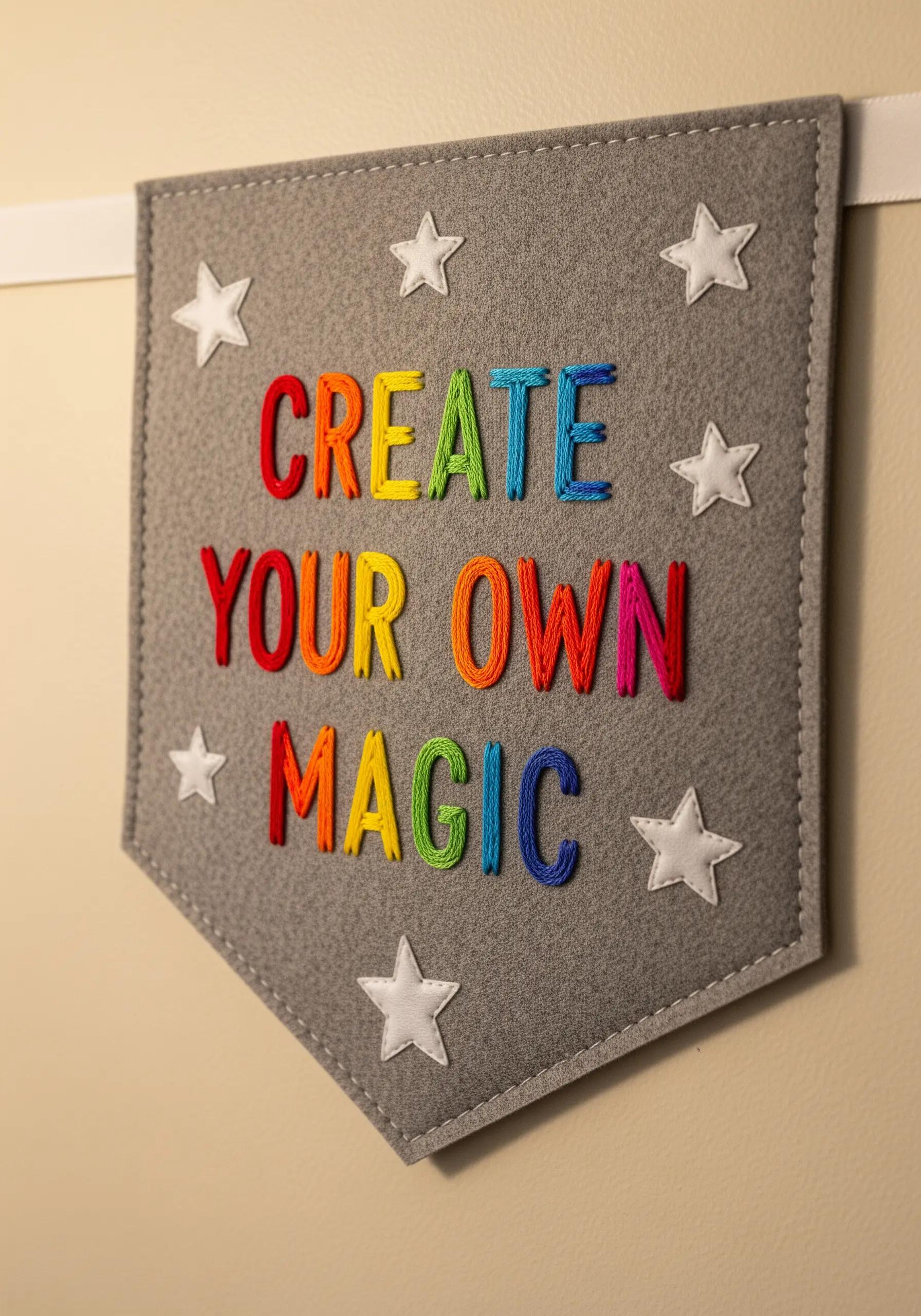 A gray felt banner with a rainbow-colored quote, 'Create Your Own Magic,' in satin stitch.