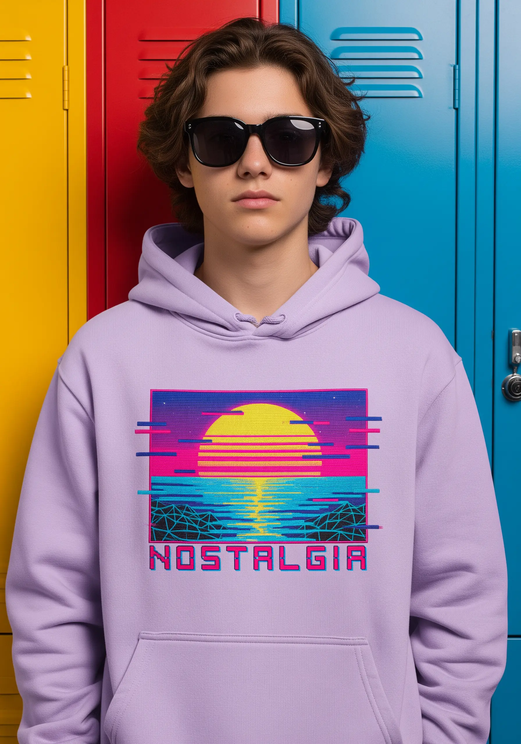 A retro 80s-style sunset with neon pink and blue lines embroidered on a purple hoodie.