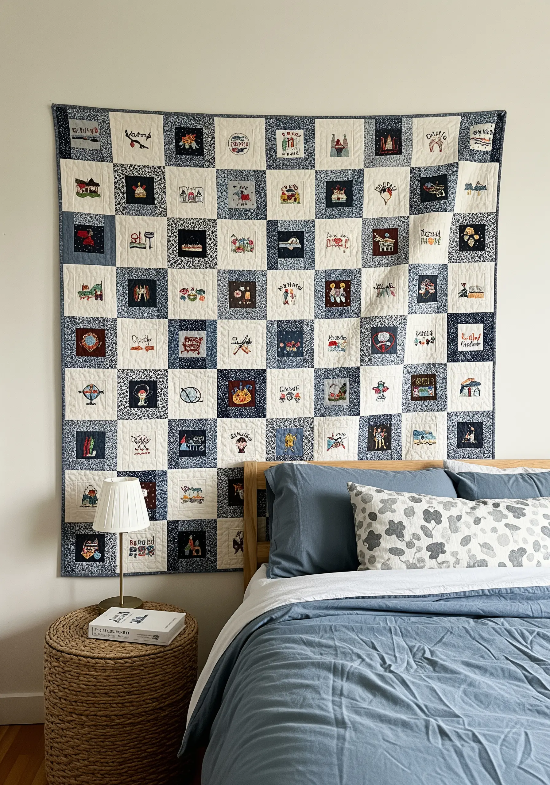 A large memory quilt made of many embroidered squares hanging above a bed.