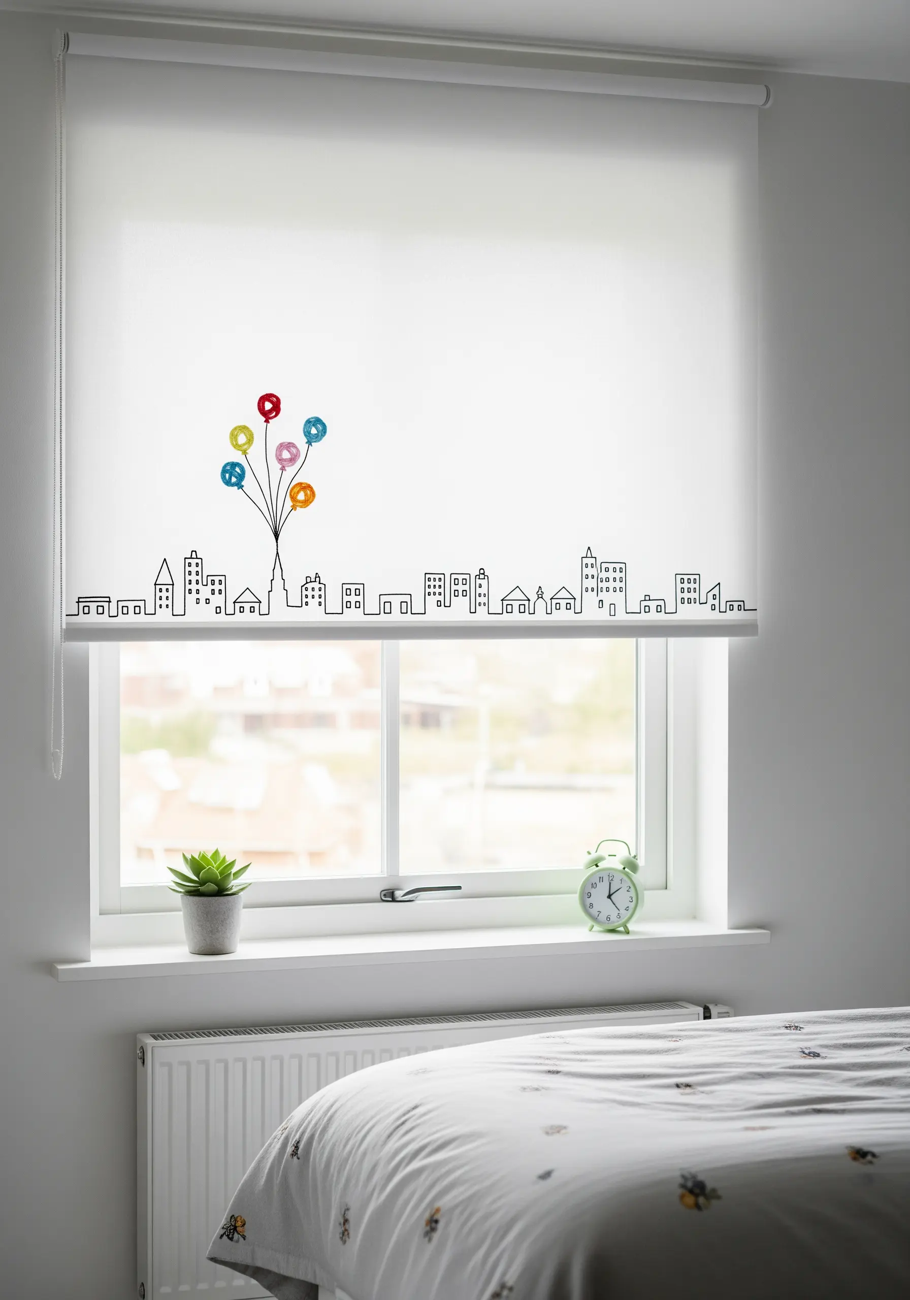 A minimalist black line-art skyline with colorful balloon details embroidered on a white window blind.
