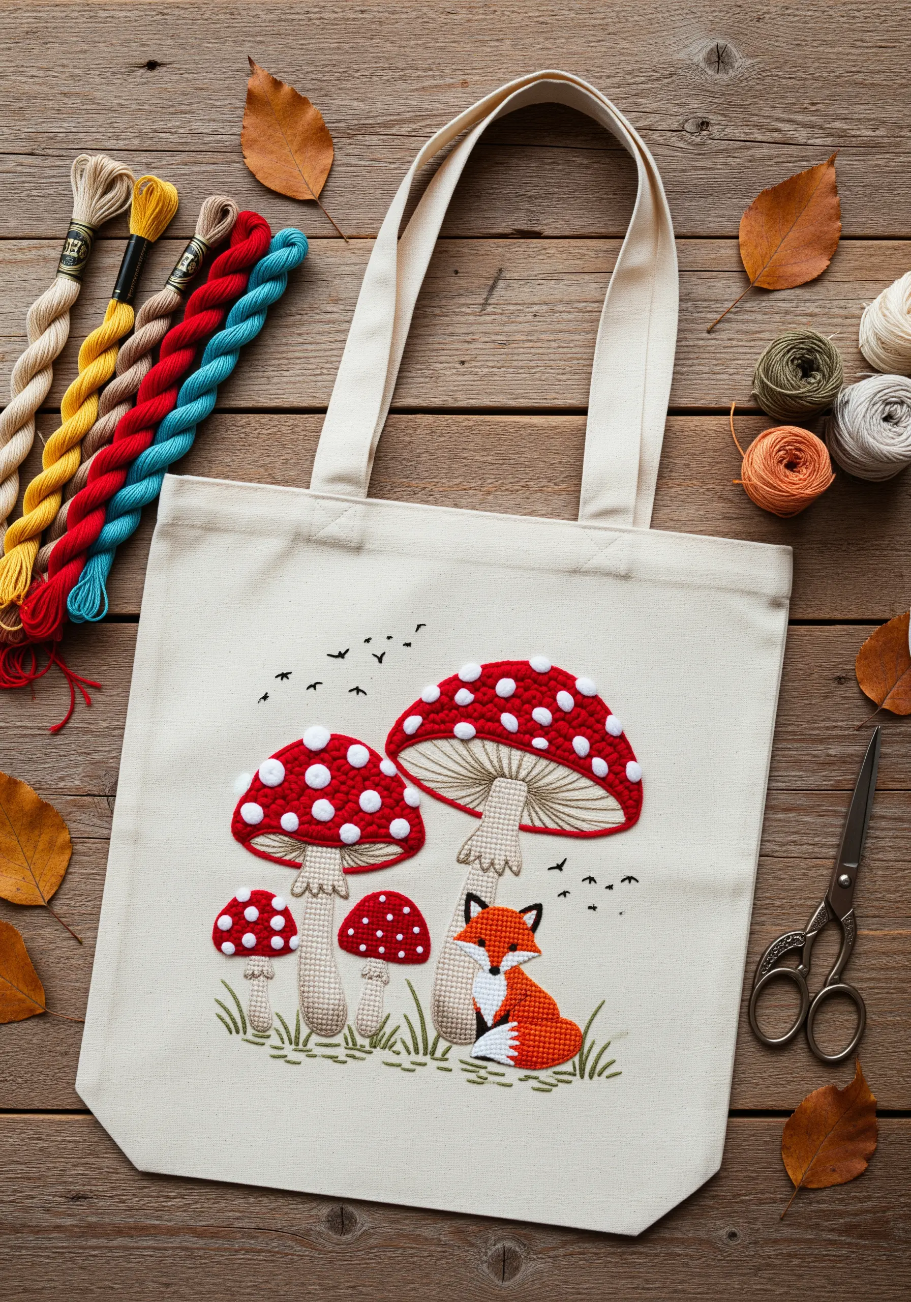 Embroidered tote bag with red padded satin stitch mushrooms and a small fox.