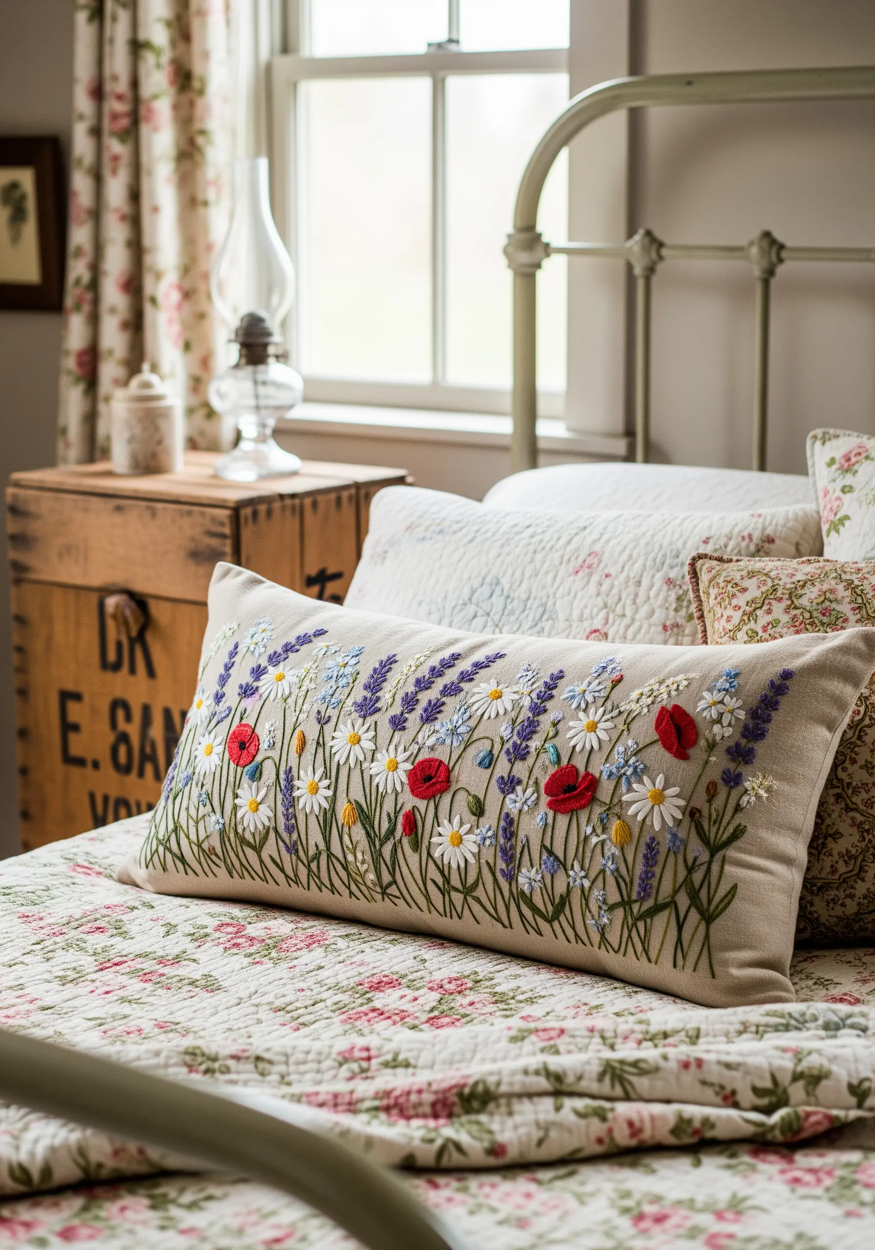 A lumbar pillow embroidered with a dense field of poppies, lavender, and daisies.