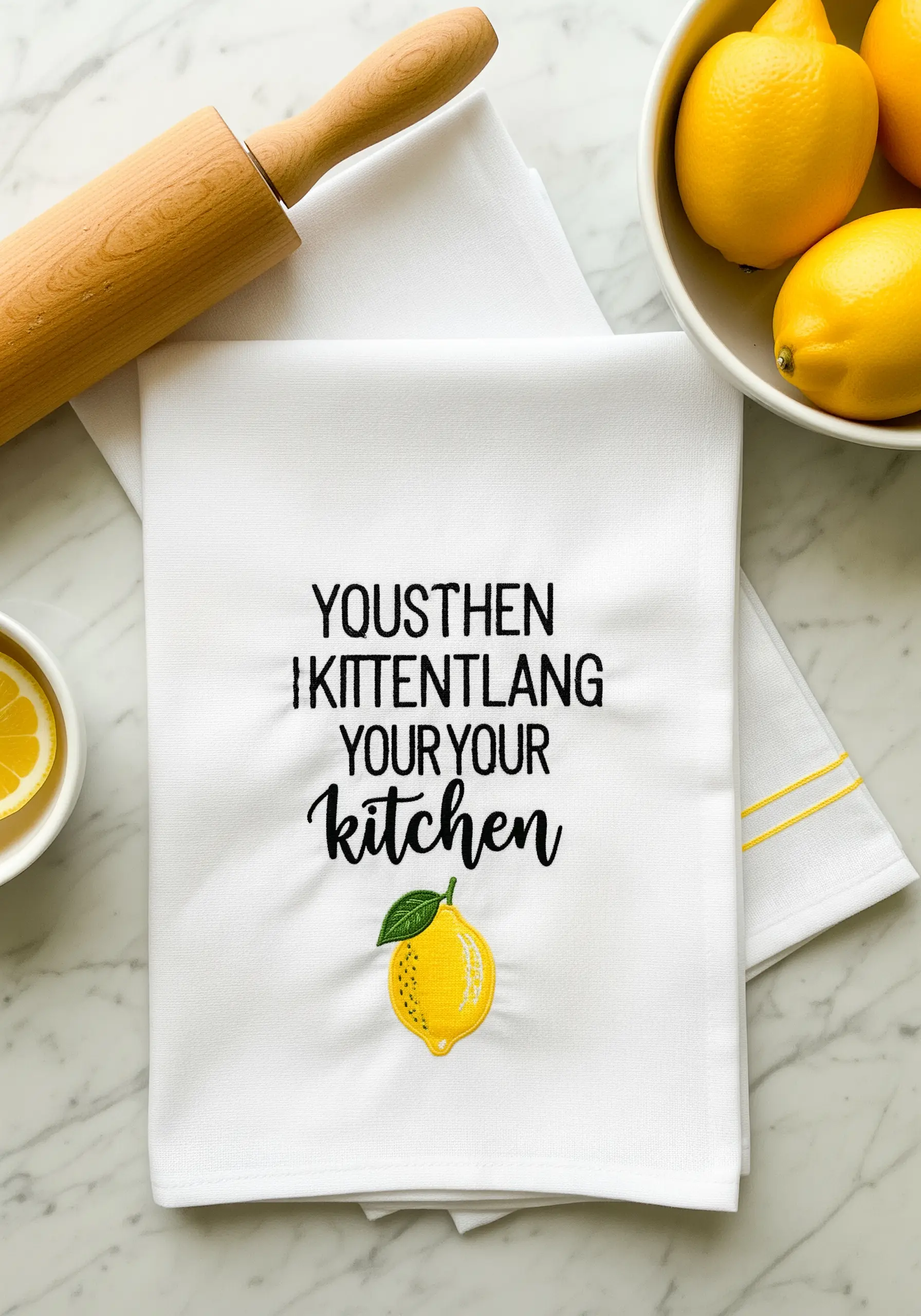A white kitchen towel with an embroidered lemon and a funny quote about the kitchen.