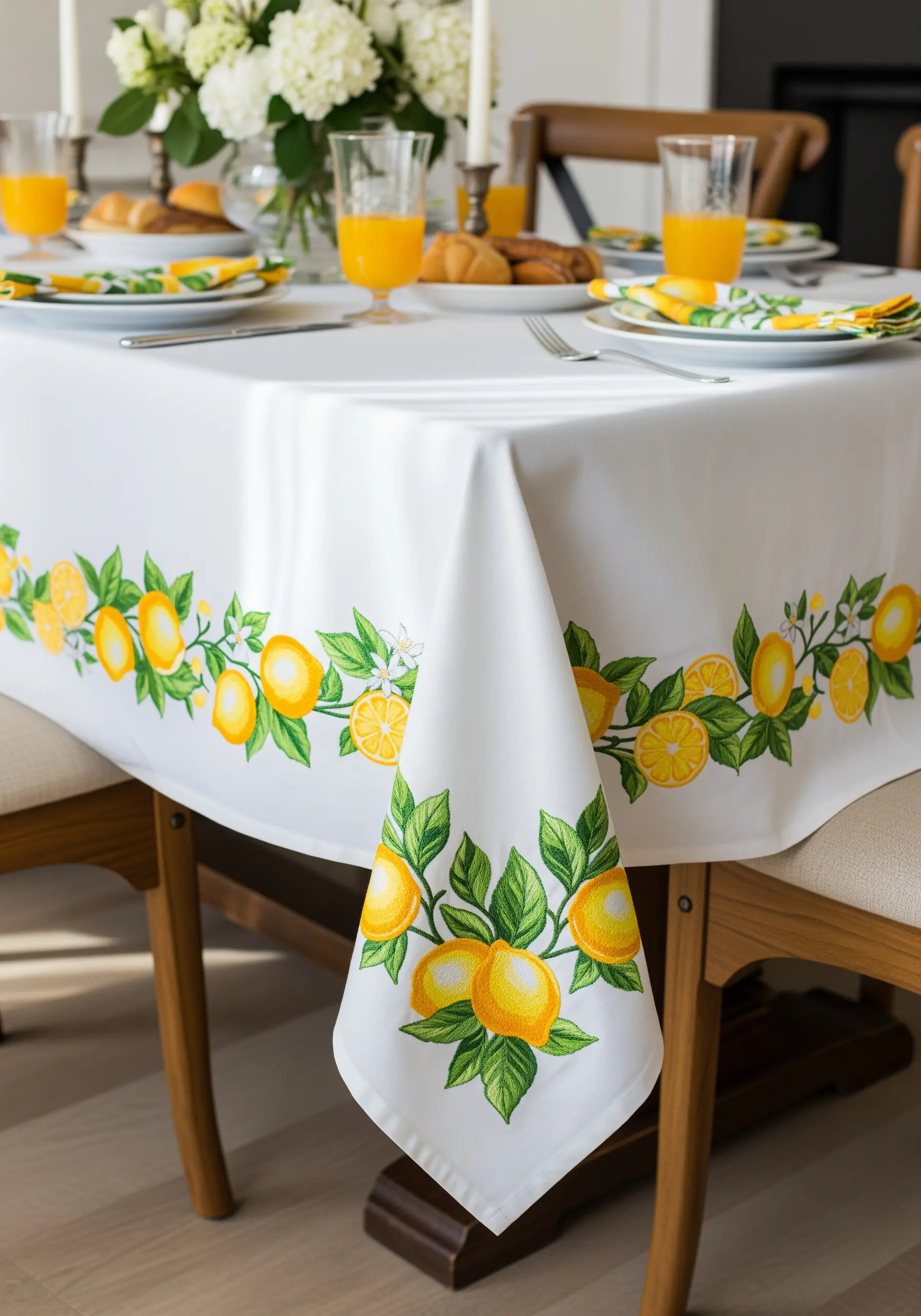 A white tablecloth with a vibrant embroidered border of yellow lemons, green leaves, and white blossoms.